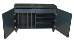 Modern Navy Lacquered Wood Serving Cabinet with Brass Knobs