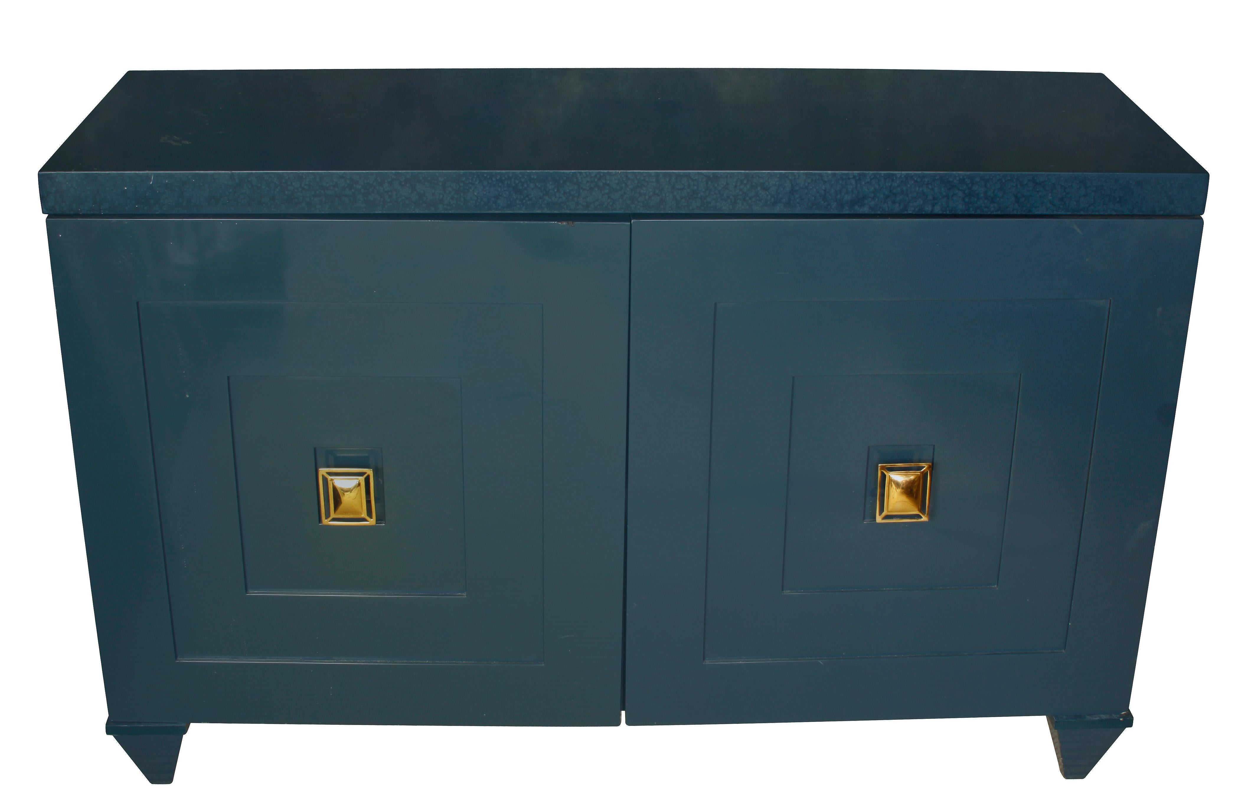 Mid-Century Modern Modern Navy Lacquered Wood Serving Cabinet with Brass Knobs