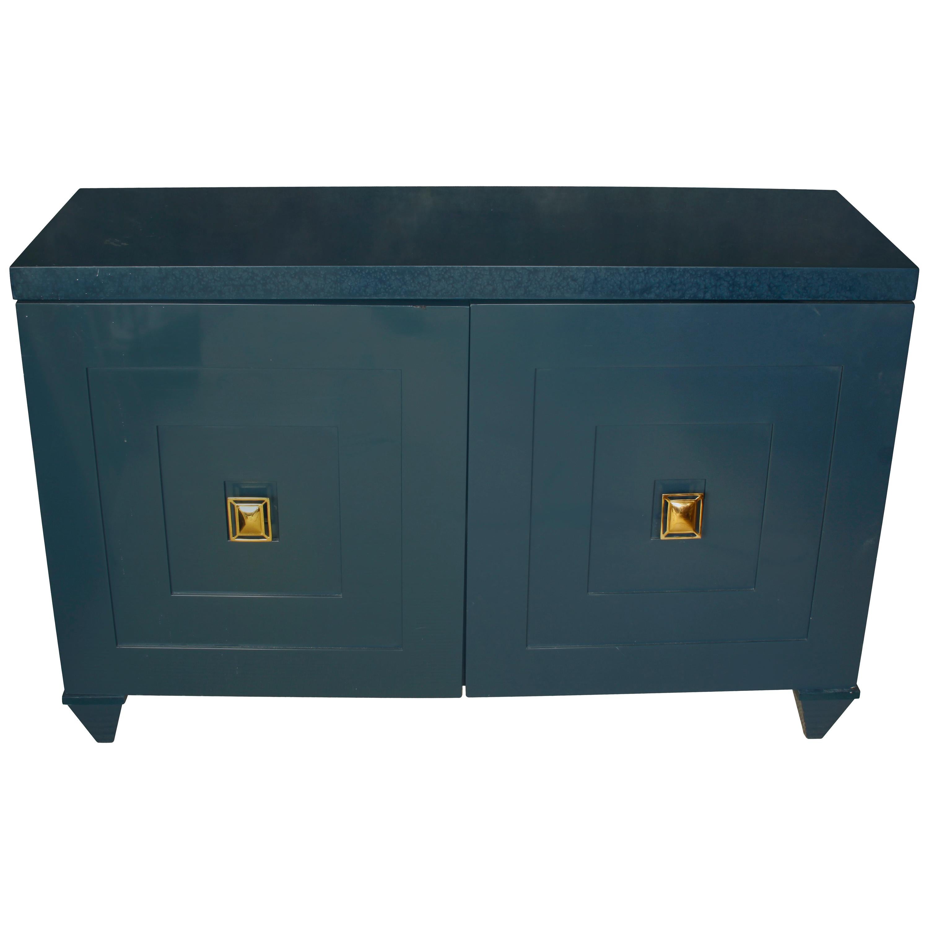 Modern Navy Lacquered Wood Serving Cabinet with Brass Knobs