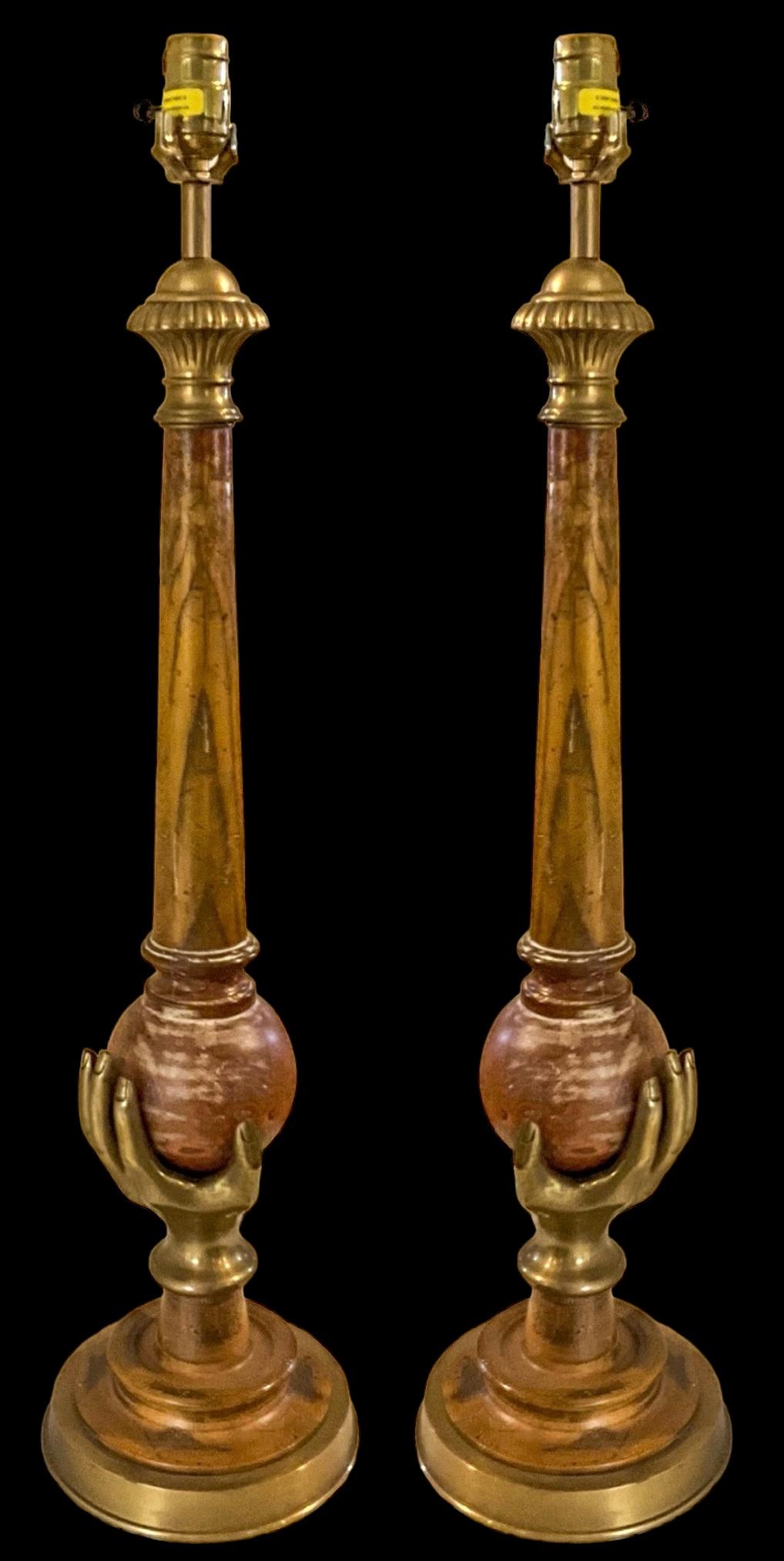 Contemporary Modern Neo-Classical Style Cerused Pine And Brass Hand Chapman Table Lamps- Pair For Sale