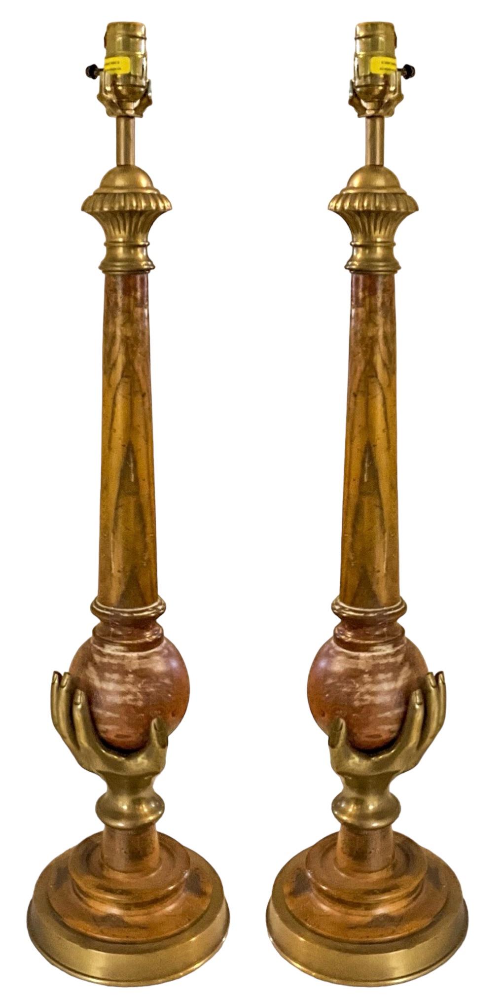 Modern Neo-Classical Style Cerused Pine And Brass Hand Chapman Table Lamps- Pair For Sale 1