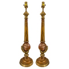 Modern Neo-Classical Style Cerused Pine And Brass Hand Chapman Table Lamps- Pair
