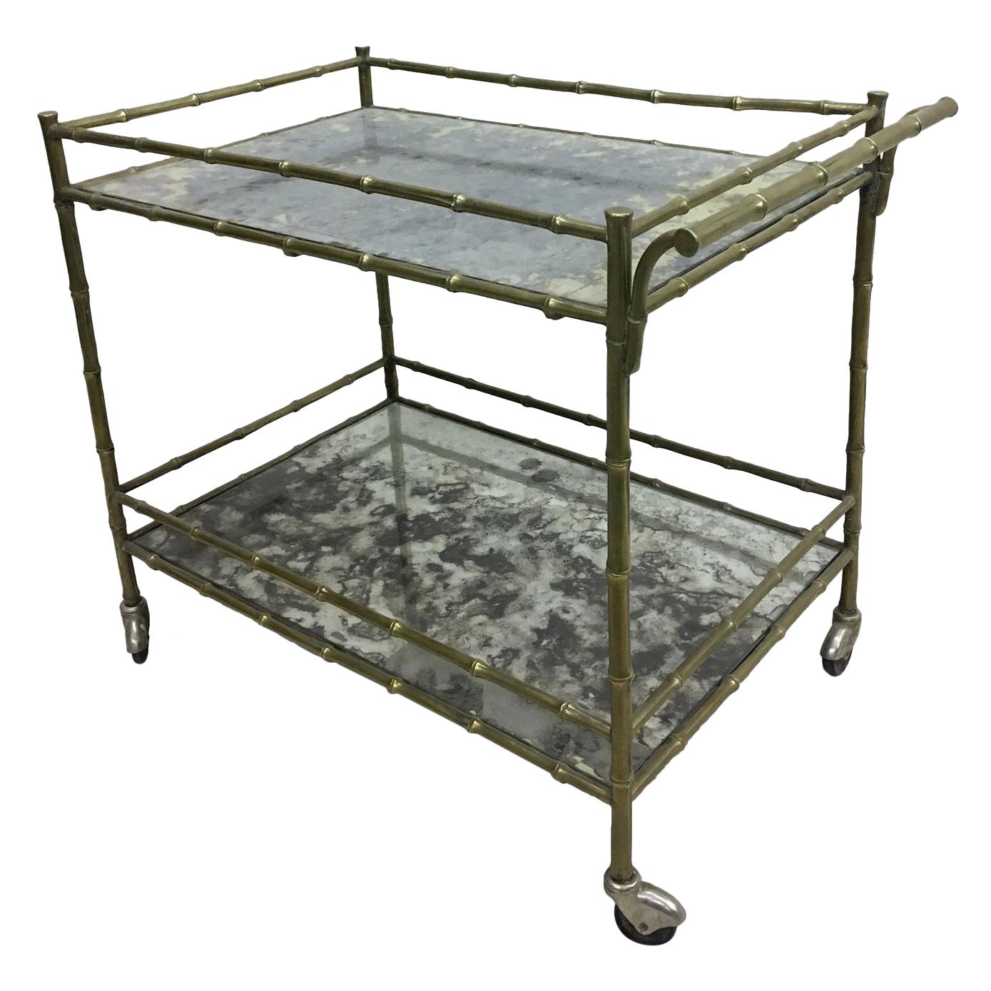 French Modern Neoclassical Brass Faux Bamboo & Mirror Bar Cart by Maison Baguès