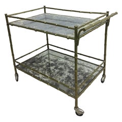 Vintage French Modern Neoclassical Brass Faux Bamboo & Mirror Bar Cart by Maison Baguès