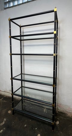 Modern Neoclassical Etagere with Matte Black Metal Frame and Brass Accents