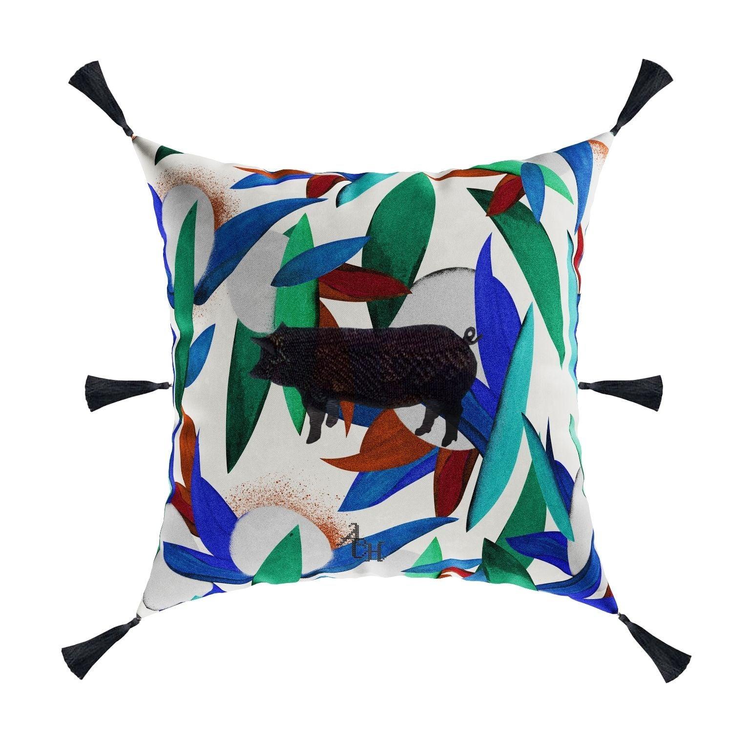 Modern Neon Pig Cushion, Printed Pattern Velvet Pillow Black Fringes Tassels