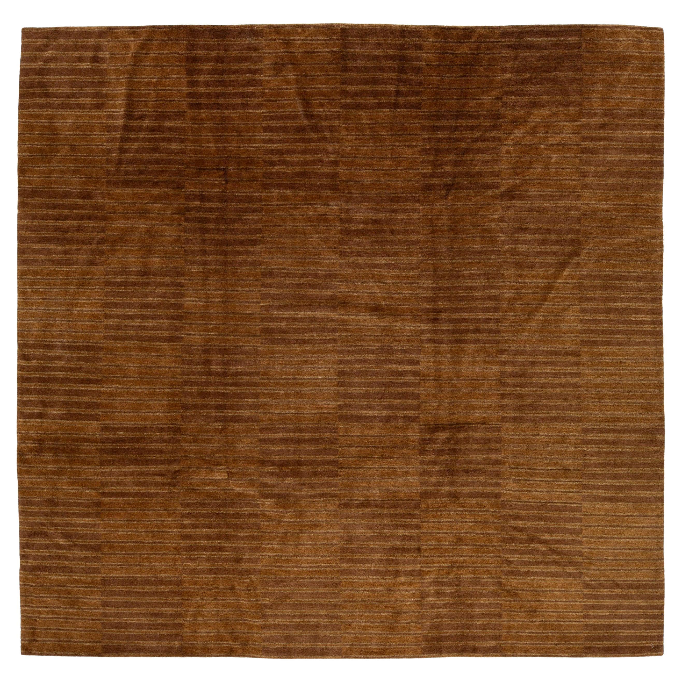 Modern Nepalese Tibetan Wool 
Silk Rug With Minimalist Brown Stripes Design