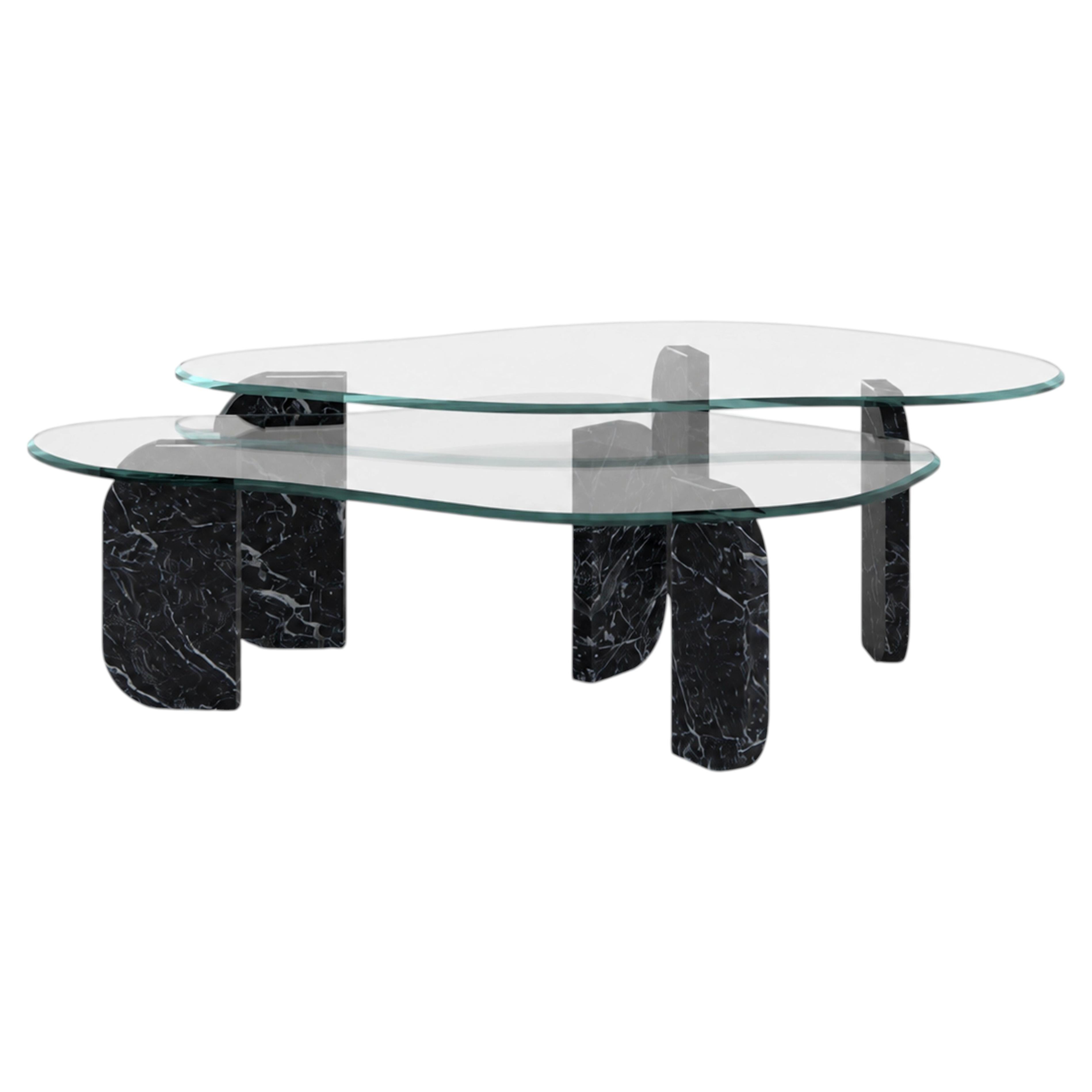 Modern Nero Marquina Marble, Glass Dornes Nesting Coffee Table Set/2, Greenapple