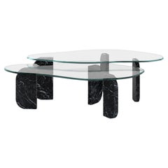 Set di 2 tavolini da caffè impilabili in marmo Nero Marquina moderno e vetro Dornes, Greenapple