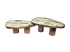 Modern Nesting Coffee Table Pair Walnut Cylinder Base and Mosaic by Ercole Home