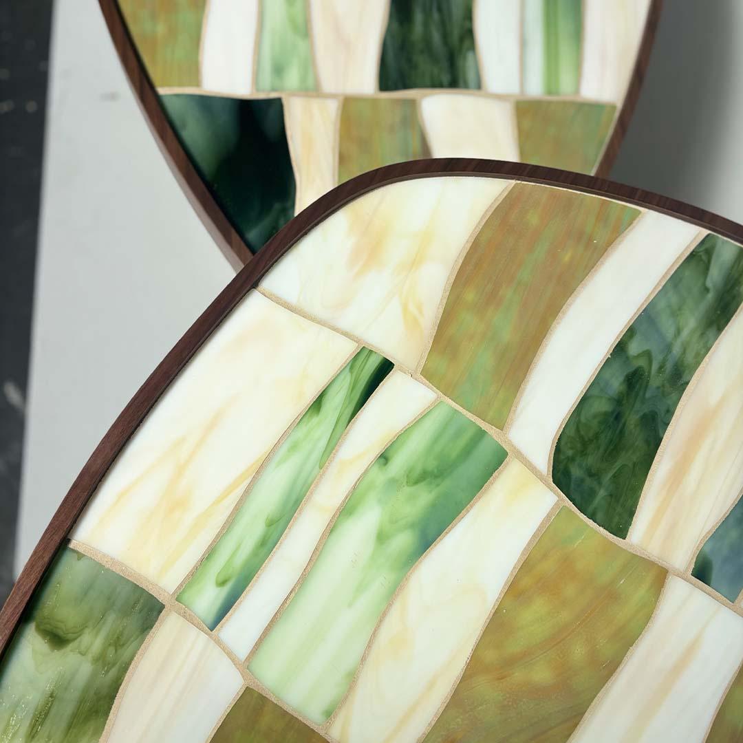 Modern Nesting Coffee Table Pair Walnut Cylinder Base and Mosaic by Ercole Home In New Condition For Sale In Brooklyn, NY