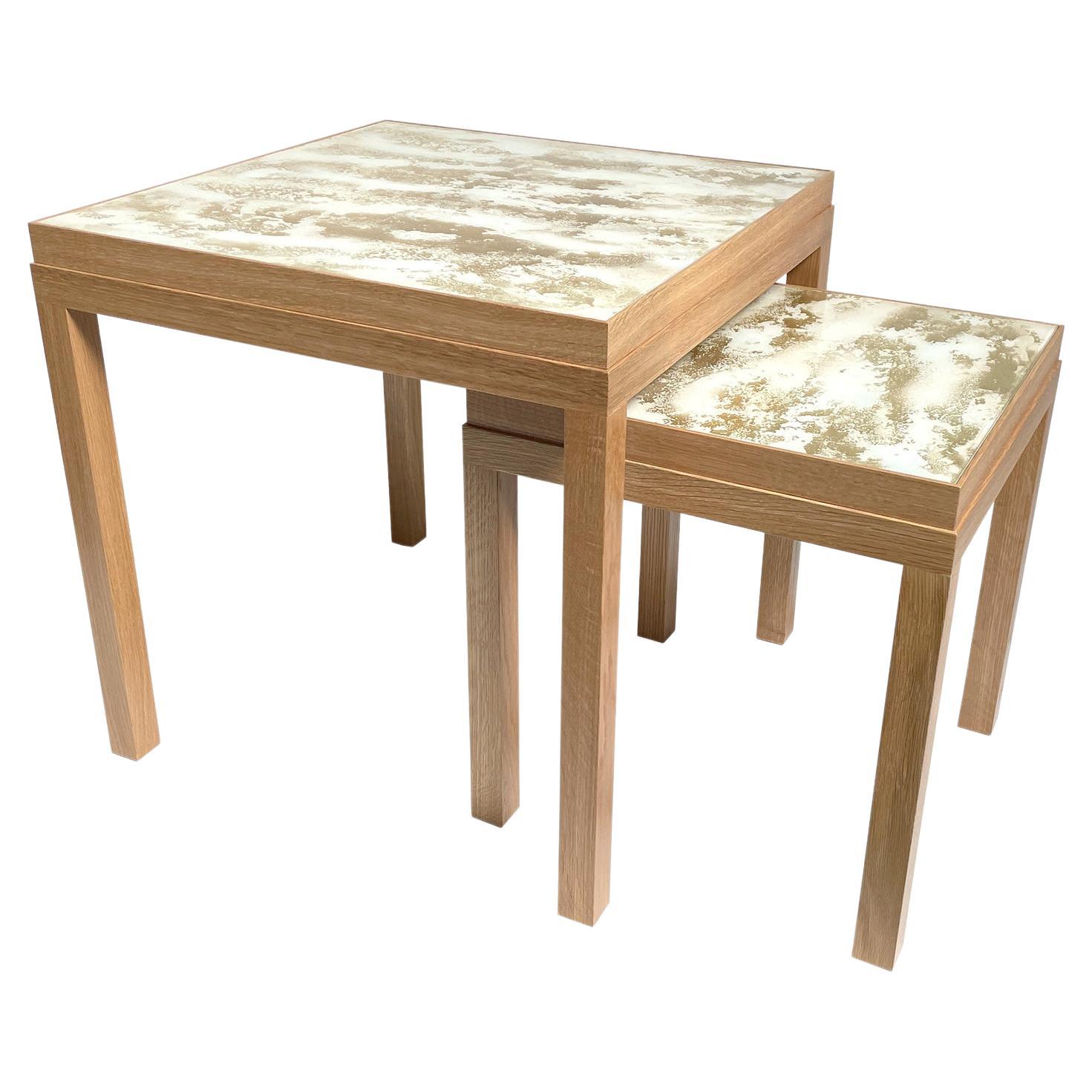 Modern Nesting Side Tables with Natural Oak and Mystic Gold Glass by Ercole Home For Sale