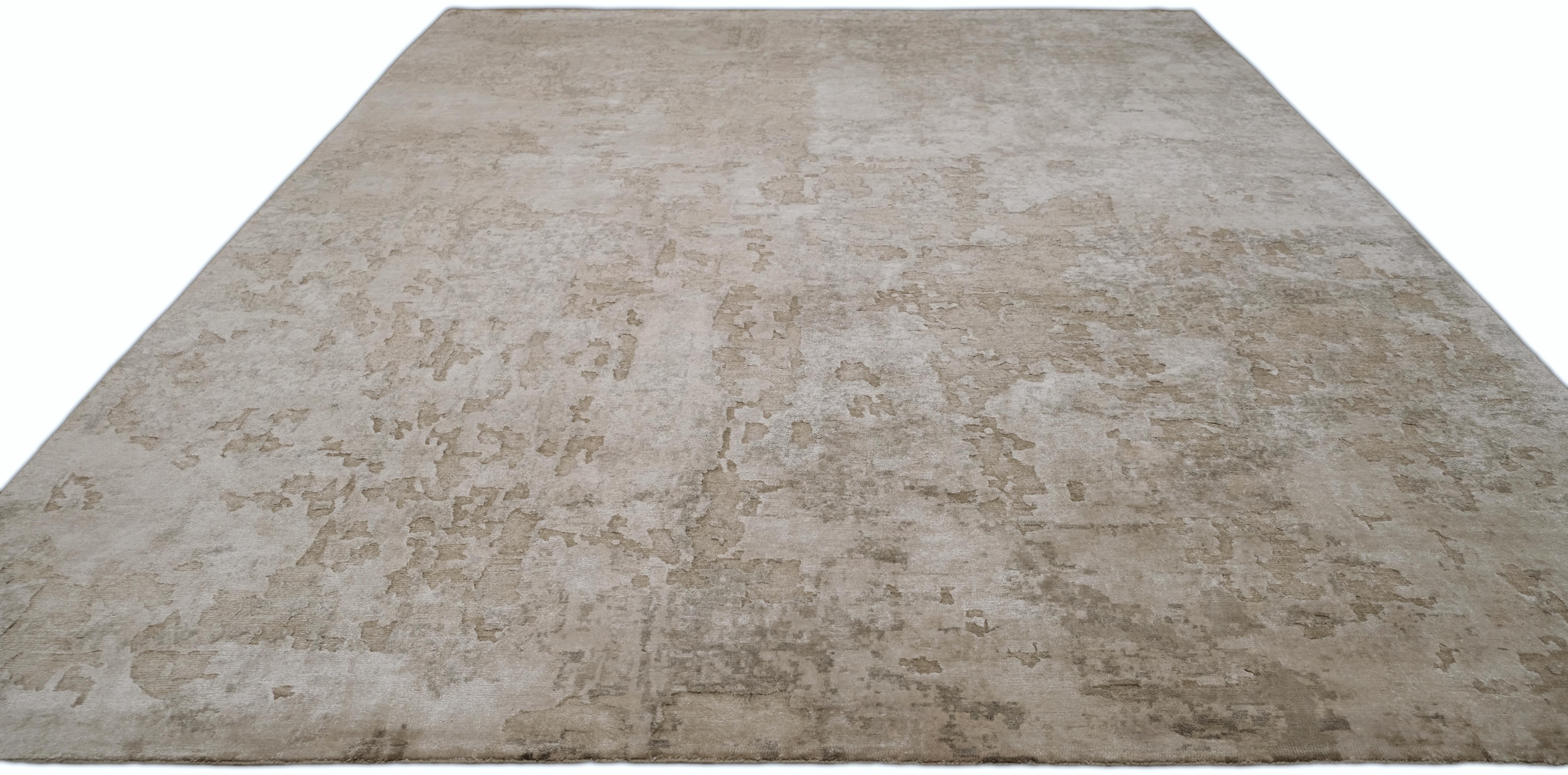 Asian Modern Neutral Taupe Bamboo Silk Rug 9'1''x12' For Sale