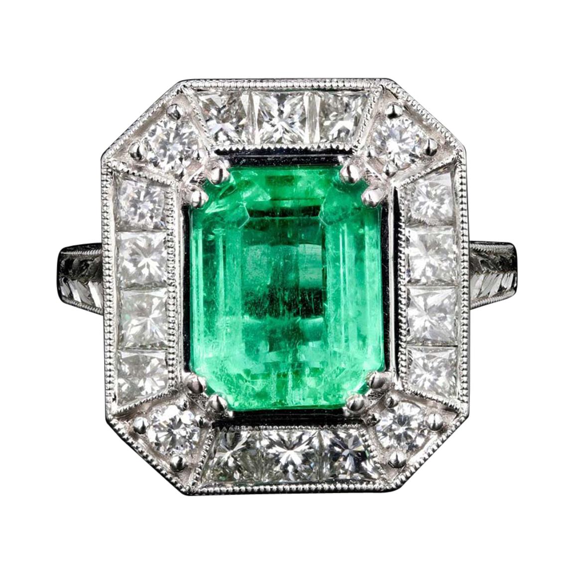 Modern New 2.89CT Columbian Emerald and Diamond Ring GIA Certified