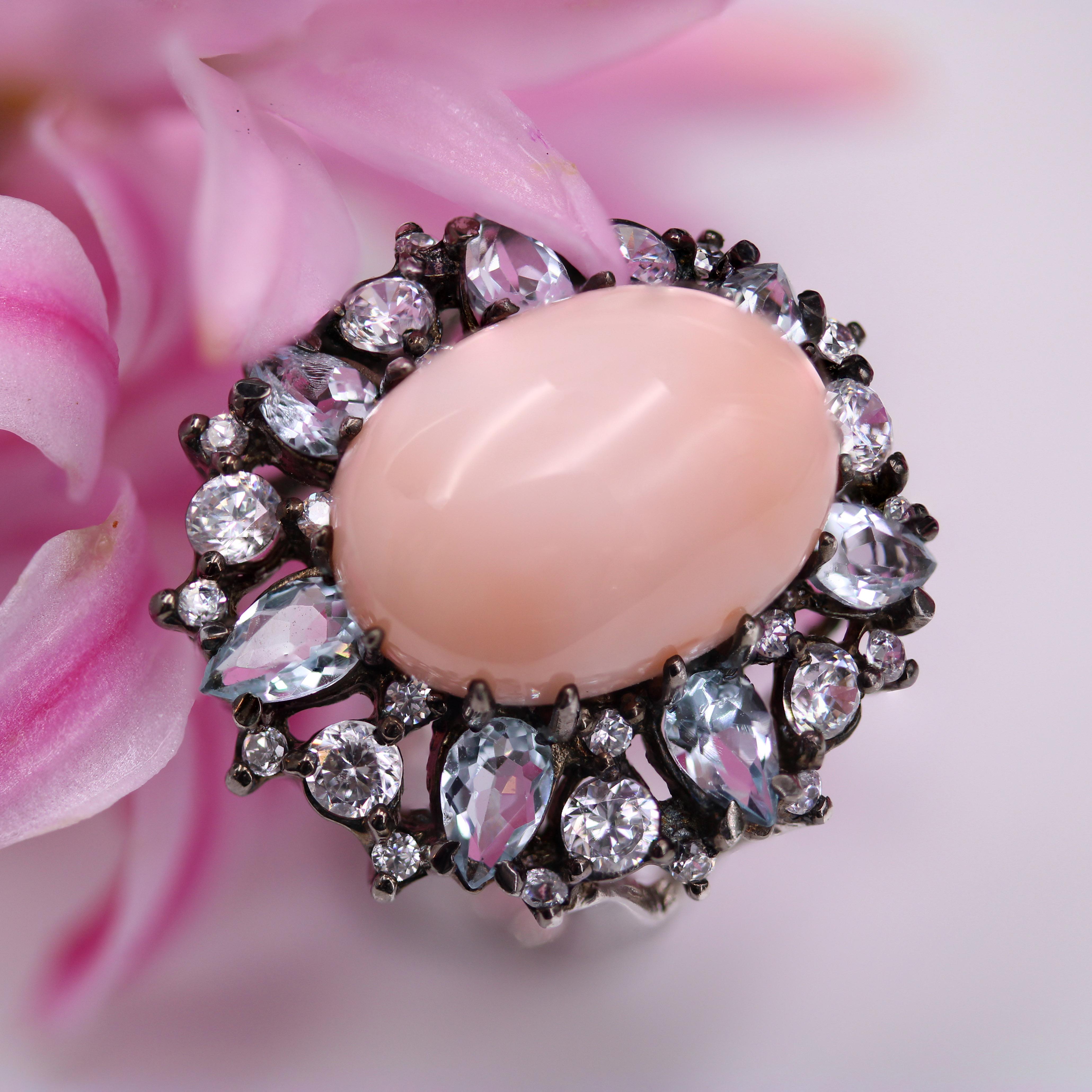 Modern New Angel Skin Coral Aquamarine Zirconium Silver Cocktail Ring For Sale 5