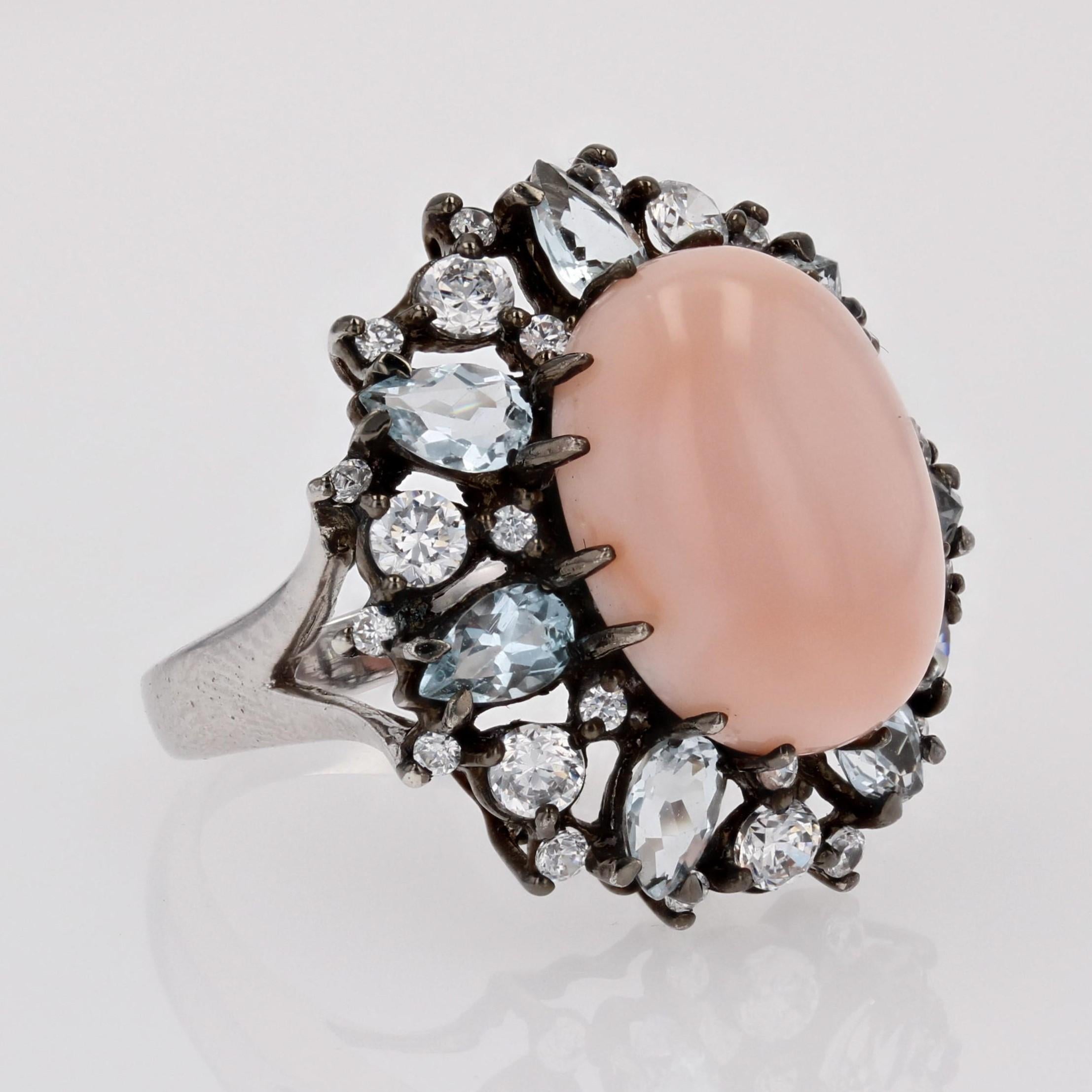 Modern New Angel Skin Coral Aquamarine Zirconium Silver Cocktail Ring For Sale 6