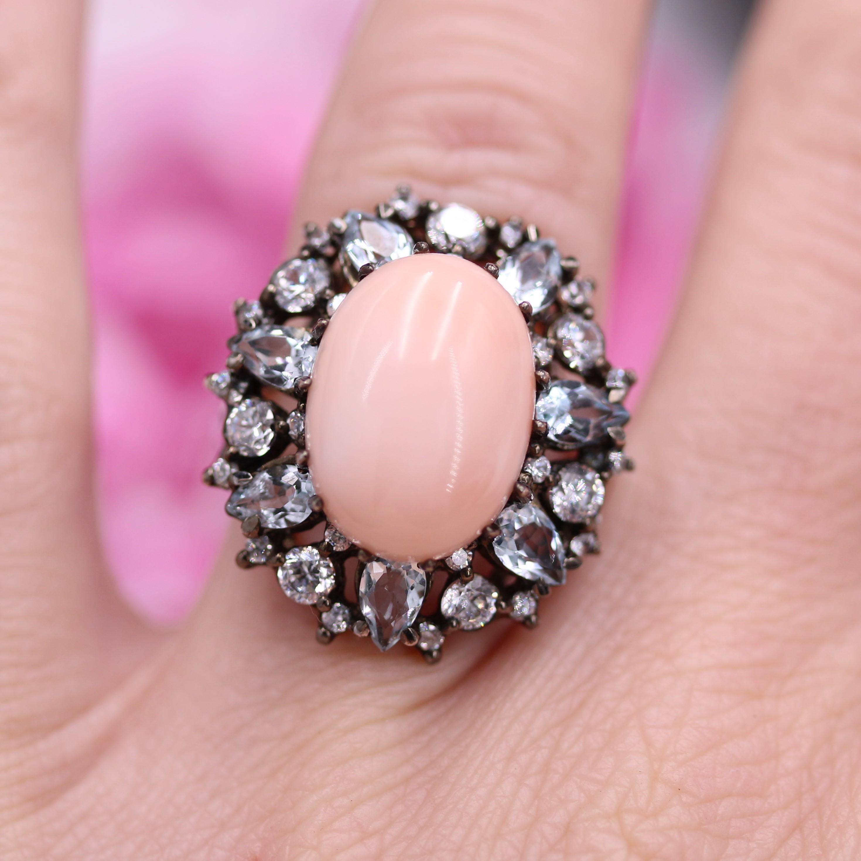 Modern New Angel Skin Coral Aquamarine Zirconium Silver Cocktail Ring For Sale 9