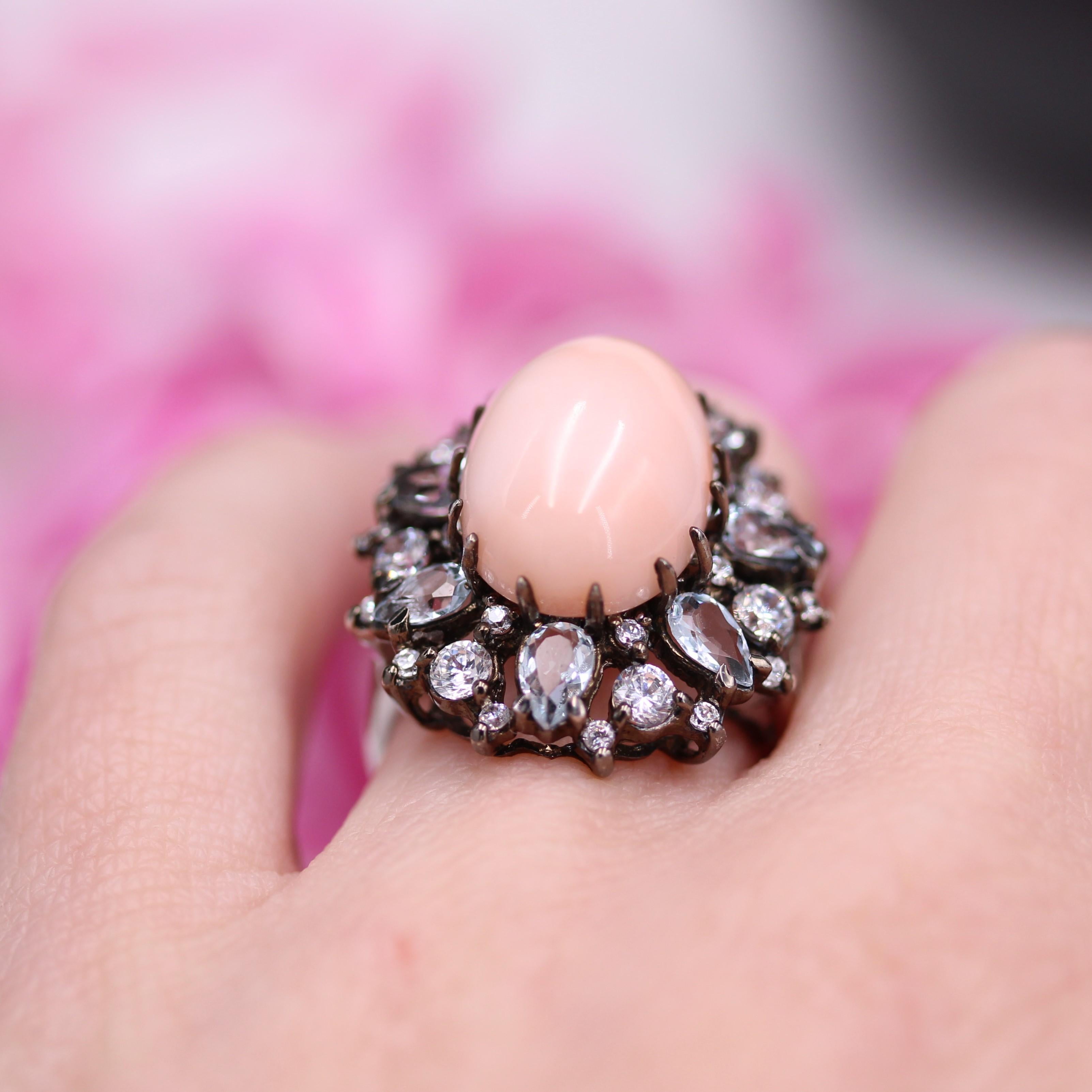 Modern New Angel Skin Coral Aquamarine Zirconium Silver Cocktail Ring For Sale 10