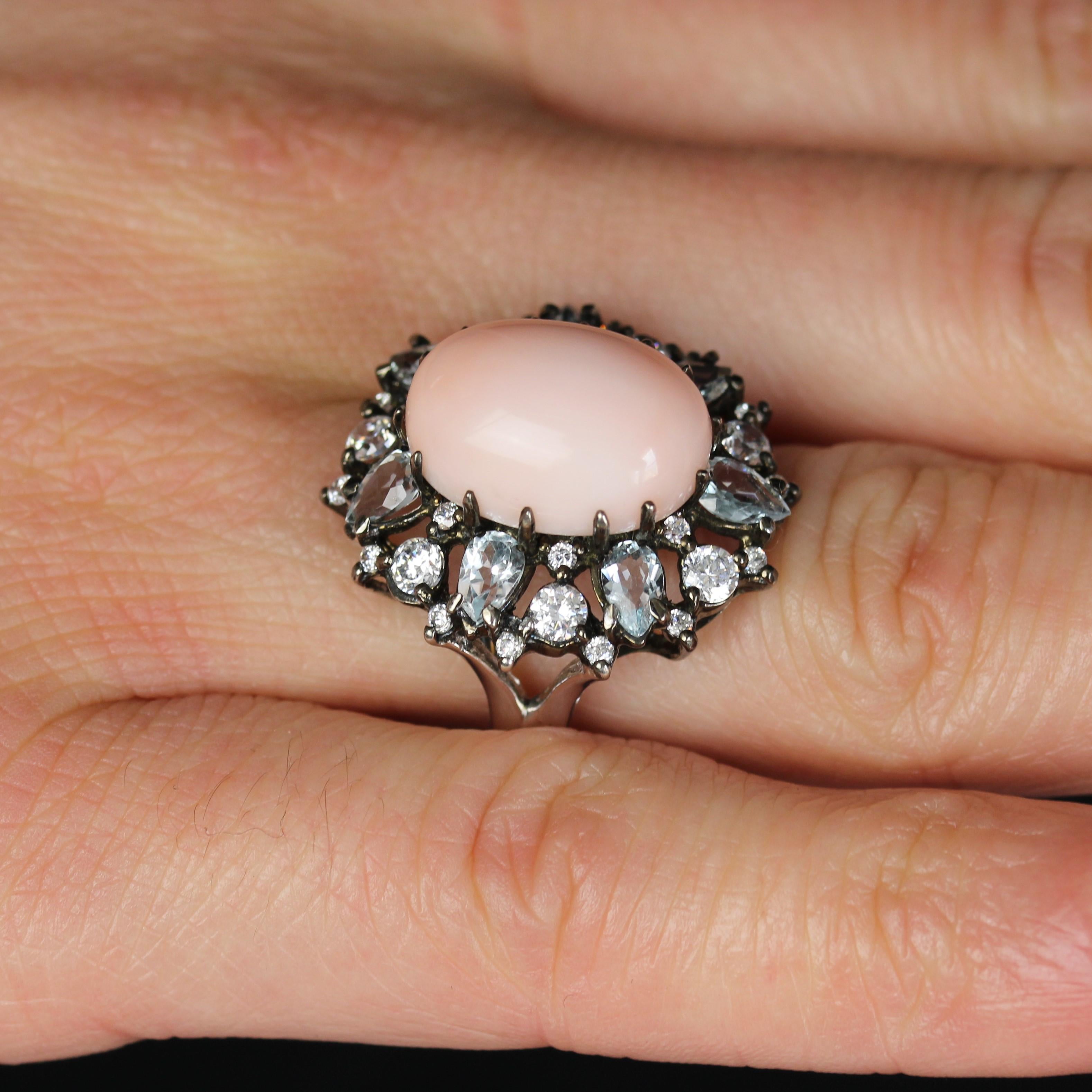 Modern New Angel Skin Coral Aquamarine Zirconium Silver Cocktail Ring For Sale 13