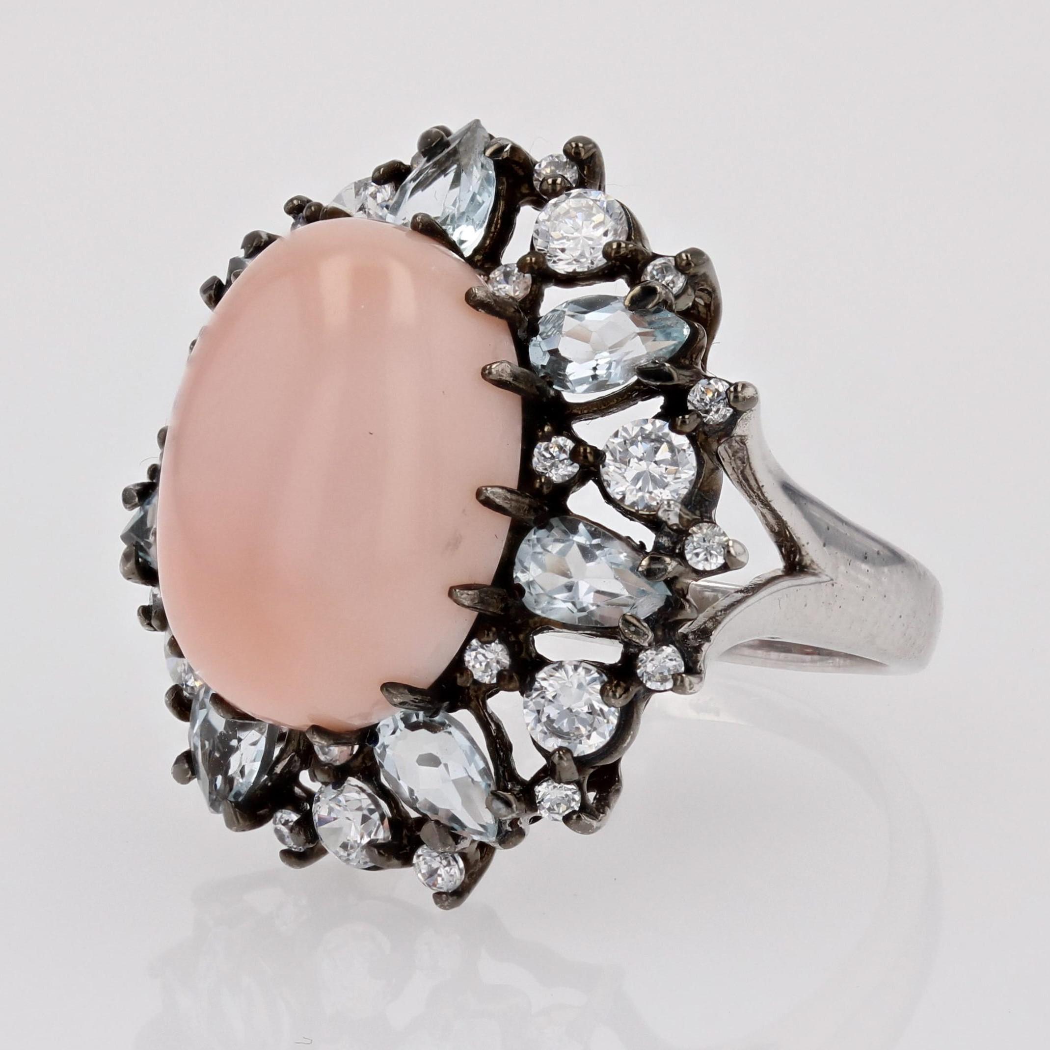 Modern New Angel Skin Coral Aquamarine Zirconium Silver Cocktail Ring For Sale 3