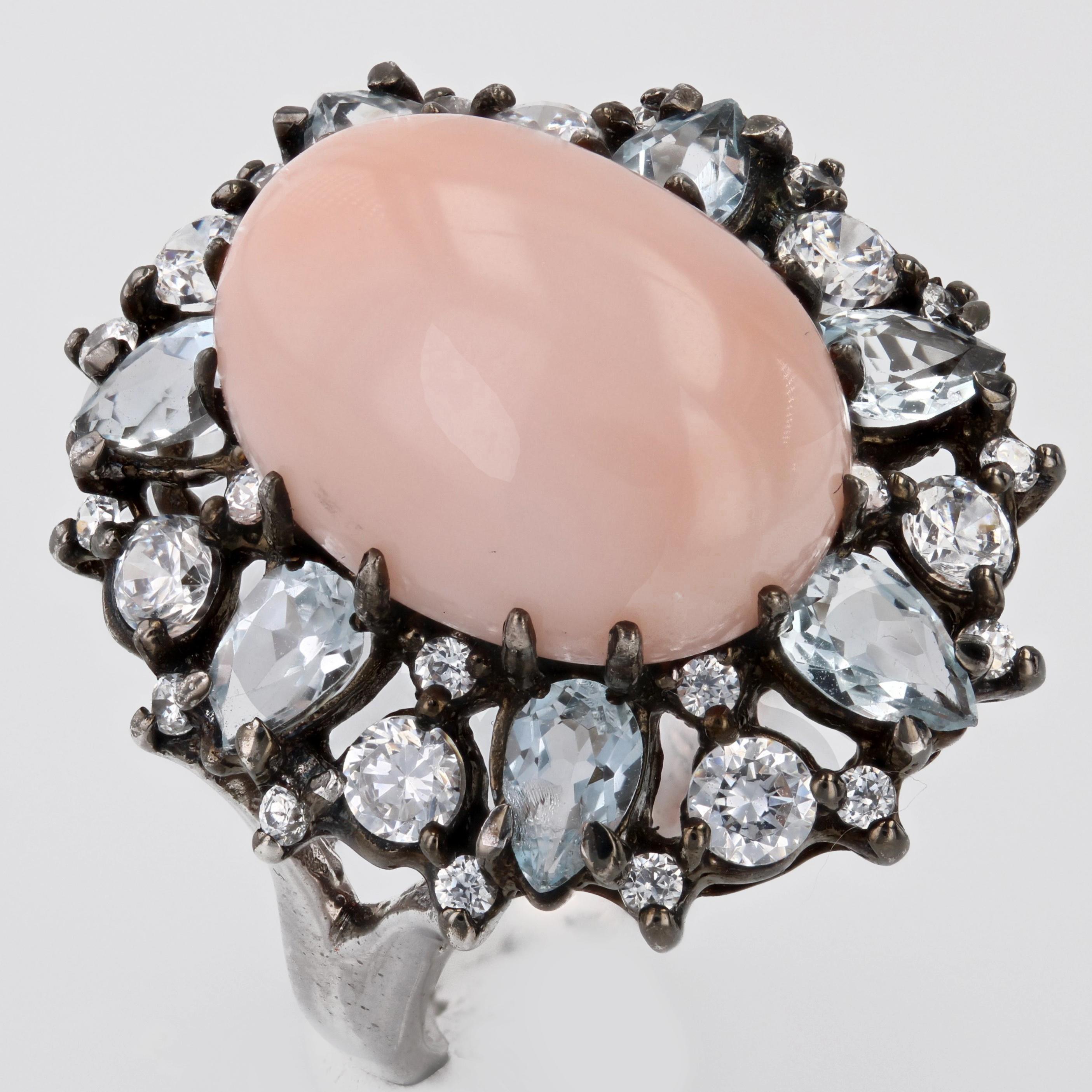 Modern New Angel Skin Coral Aquamarine Zirconium Silver Cocktail Ring For Sale 4