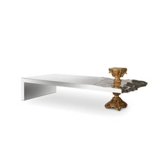 Modern New Era Coffee Table, Carved Wood with Fine Gold Leaf and Polished Inox