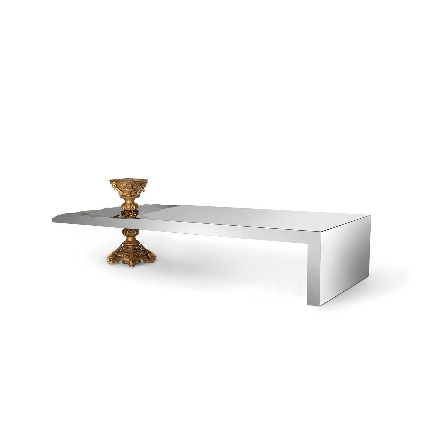 Portuguese Modern New Era Coffee Table, Carved Wood with Fine Gold Leaf and Polished Inox  For Sale