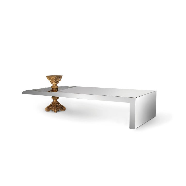 Modern New Era Coffee Table, Carved Wood with Fine Gold Leaf and Polished Inox  In New Condition For Sale In Oporto, PT