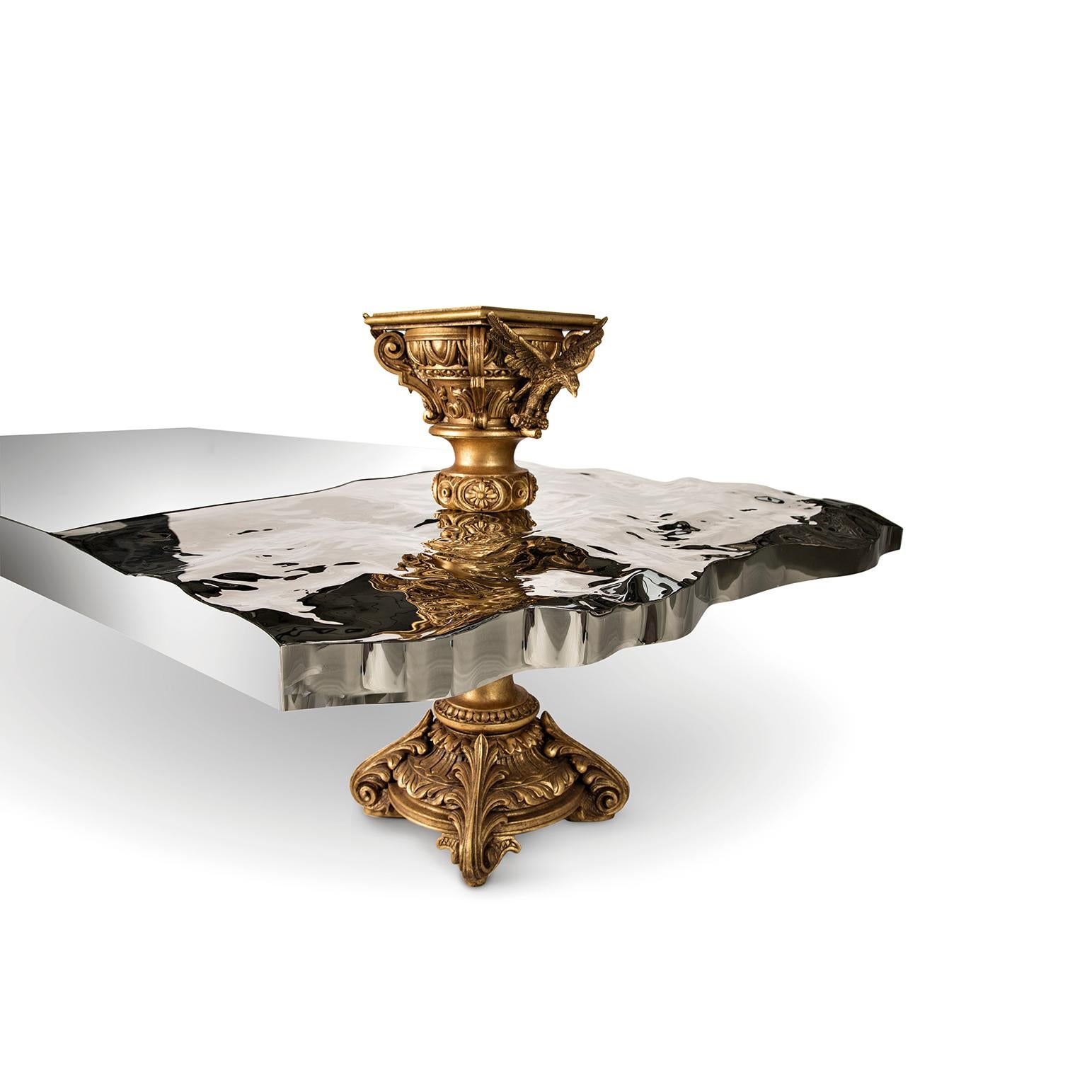 Hand-Carved Modern New Era Coffee Table, Carved Wood with Fine Gold Leaf and Polished Inox  For Sale