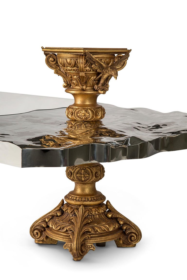 Sheet Metal Modern New Era Coffee Table, Carved Wood with Fine Gold Leaf and Polished Inox  For Sale
