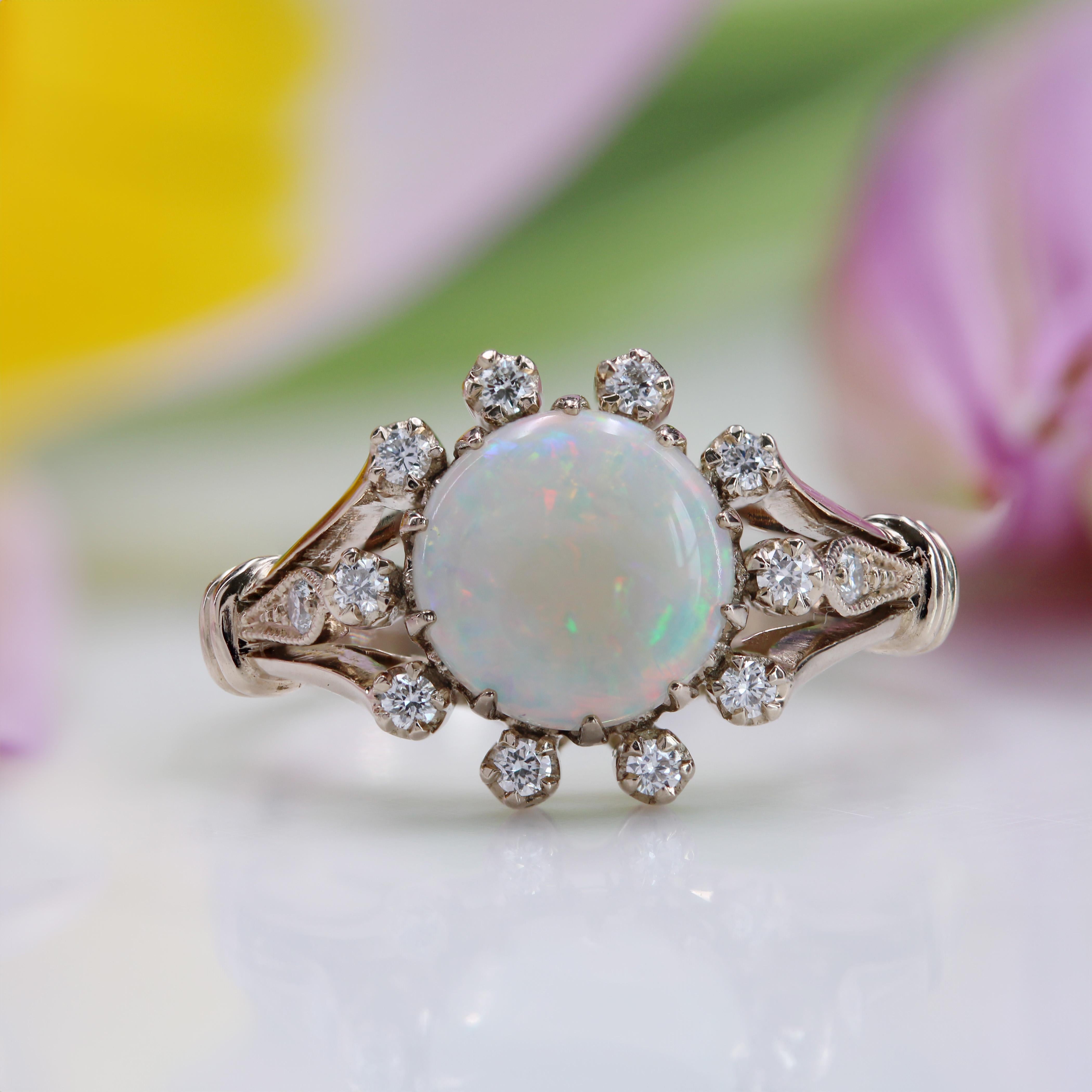 Cabochon Modern New Opal Diamonds 18 Karat White Gold Cluster Ring For Sale
