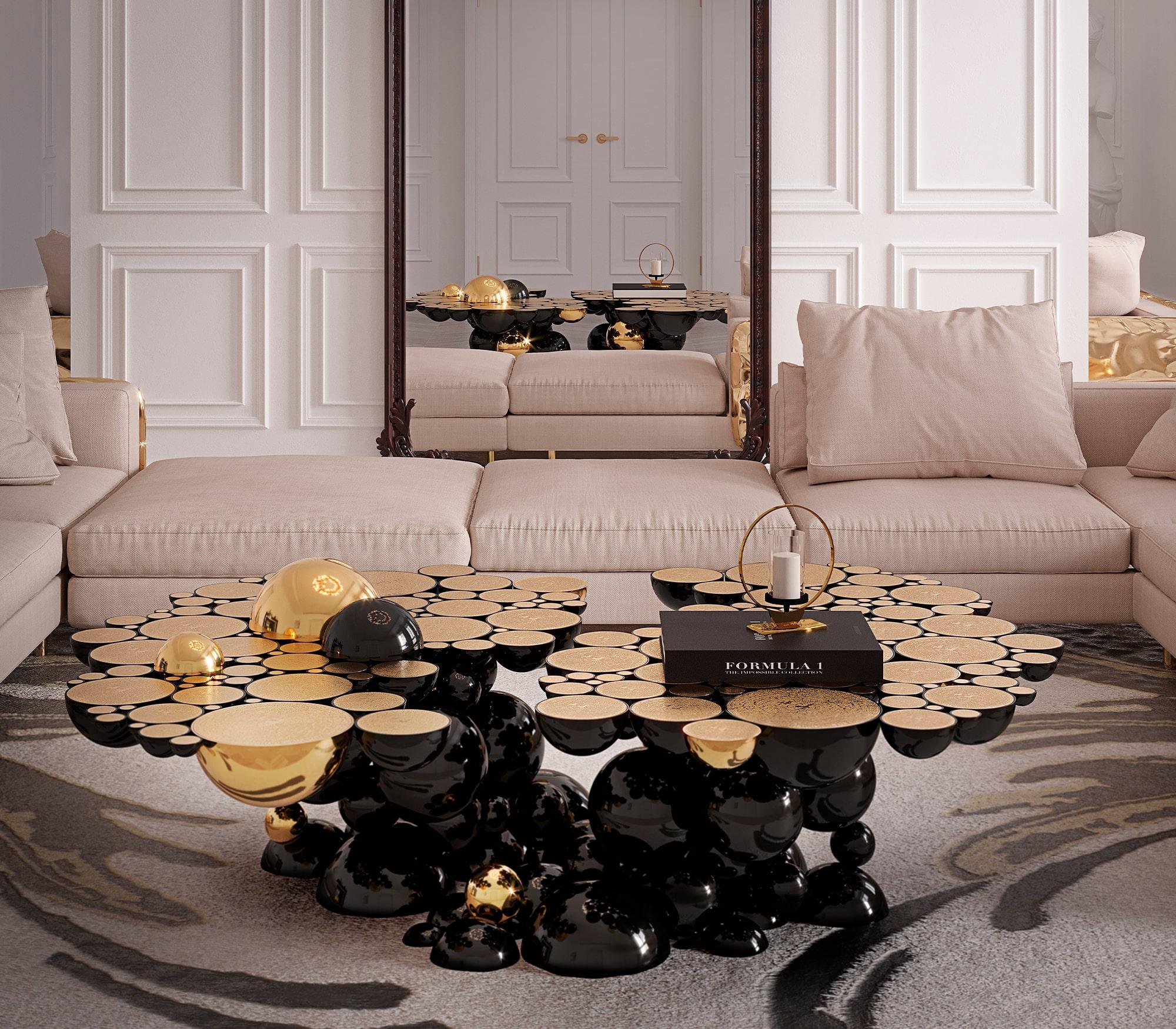 Modern Newton Center Table in Black Lacquer with Golden Details by Boca do Lobo For Sale 3