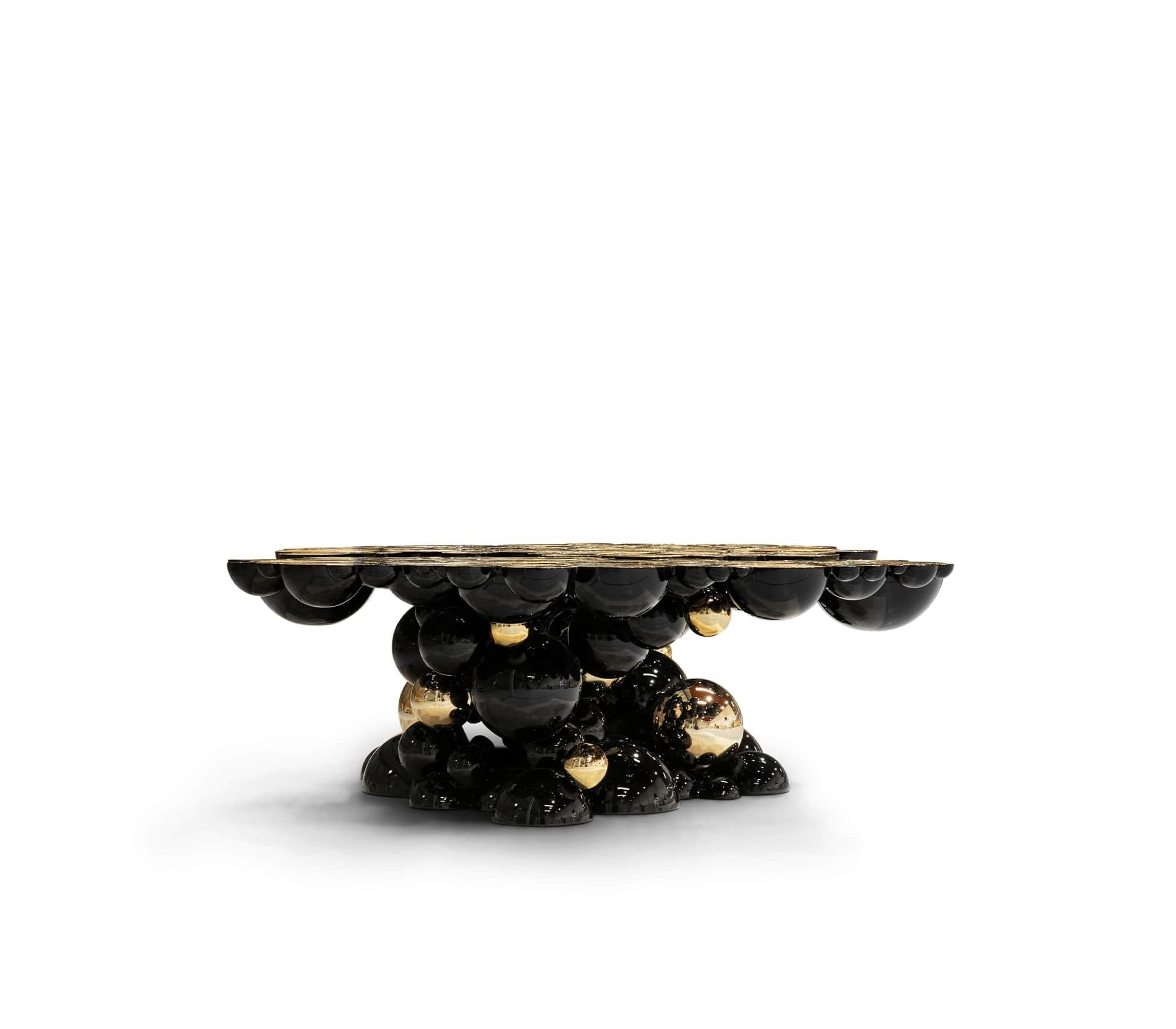 Portuguese Modern Newton Center Table in Black Lacquer with Golden Details by Boca do Lobo For Sale