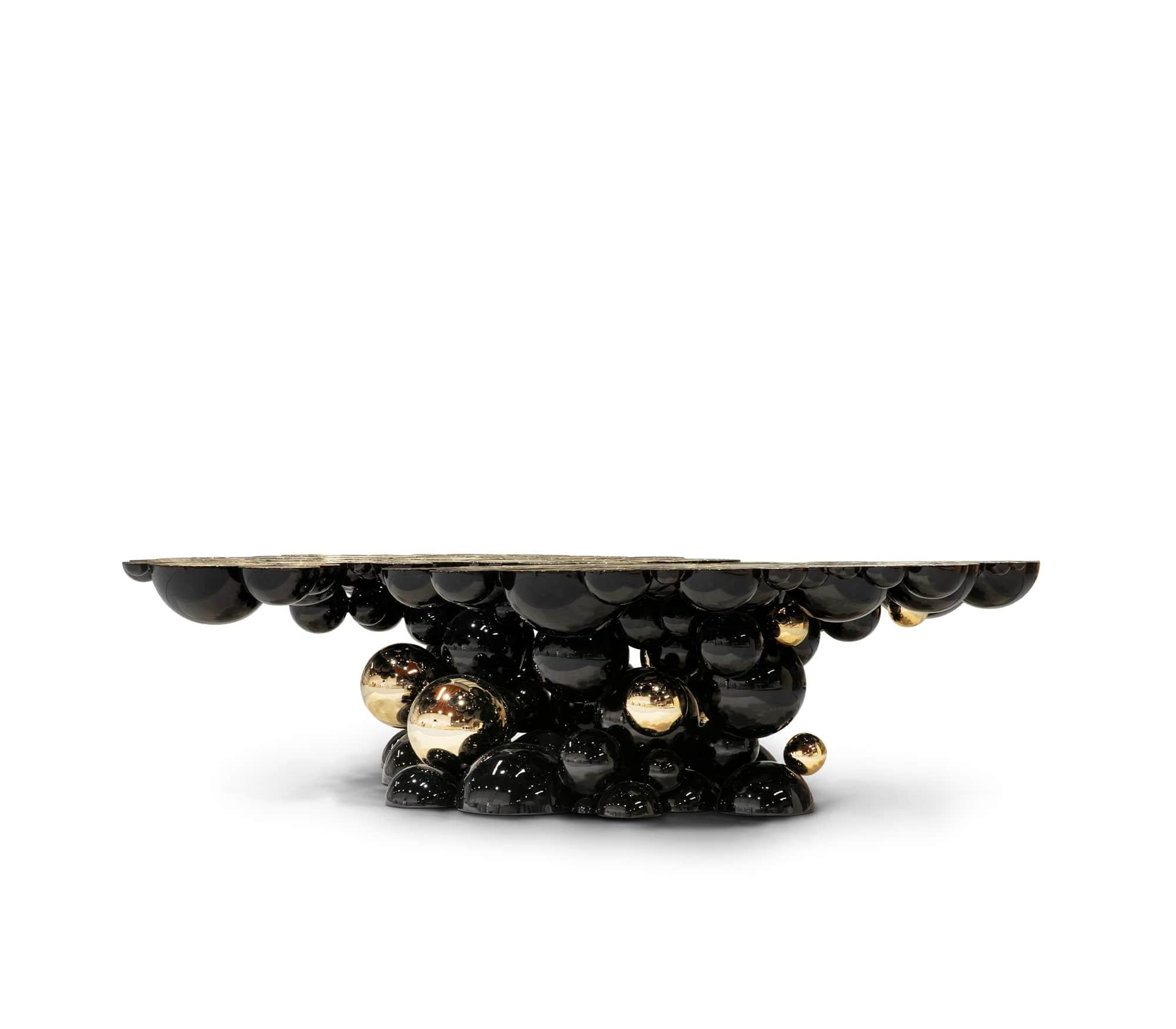 Lacquered Modern Newton Center Table in Black Lacquer with Golden Details by Boca do Lobo For Sale
