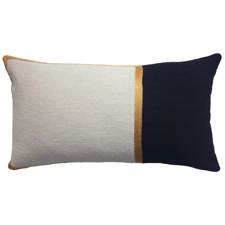 Modern Nicole Ivory Ebony Hand Embroidered Wool And Metallic Throw