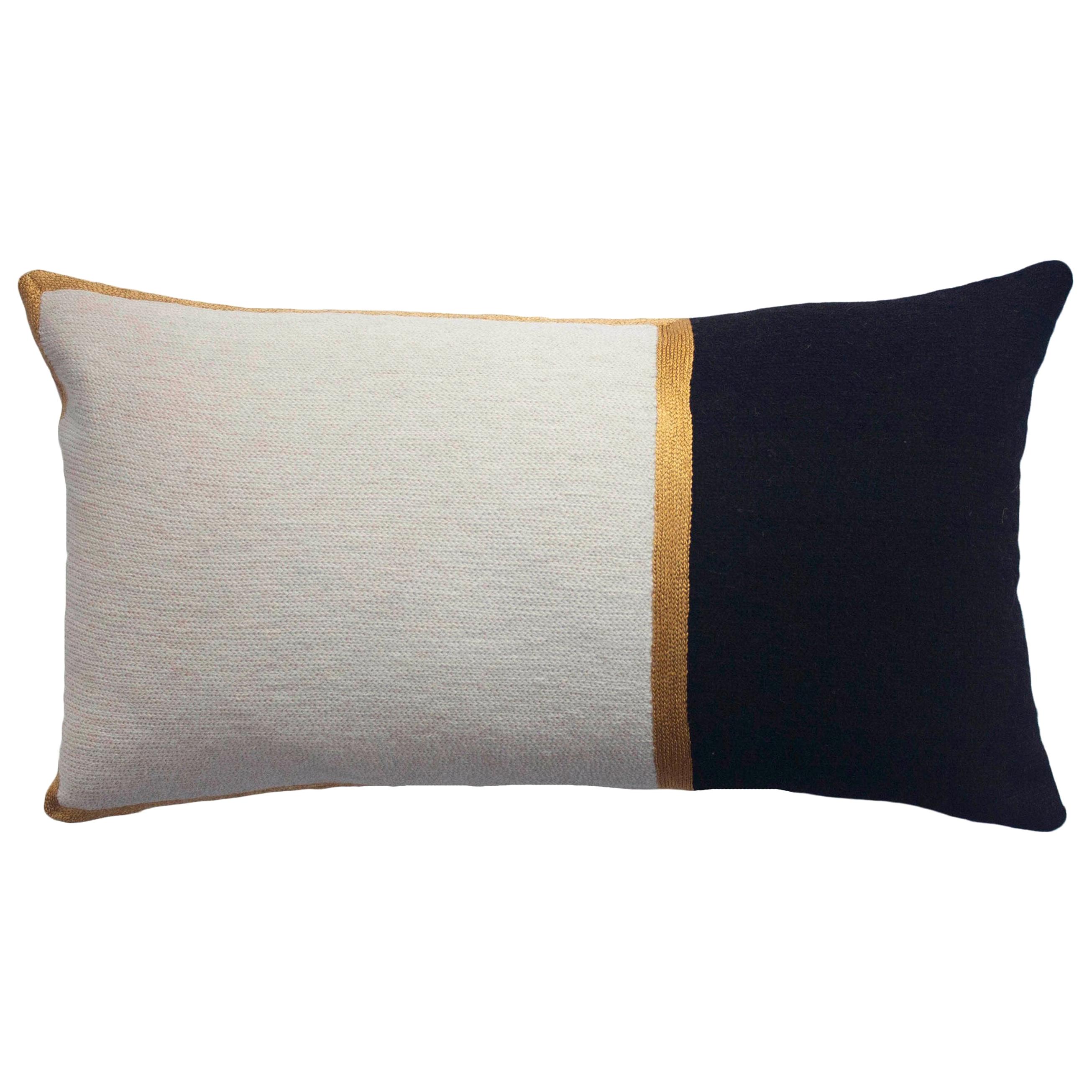 Modern Nicole Ivory/Ebony Hand Embroidered Wool and Metallic Throw Pillow Cover For Sale