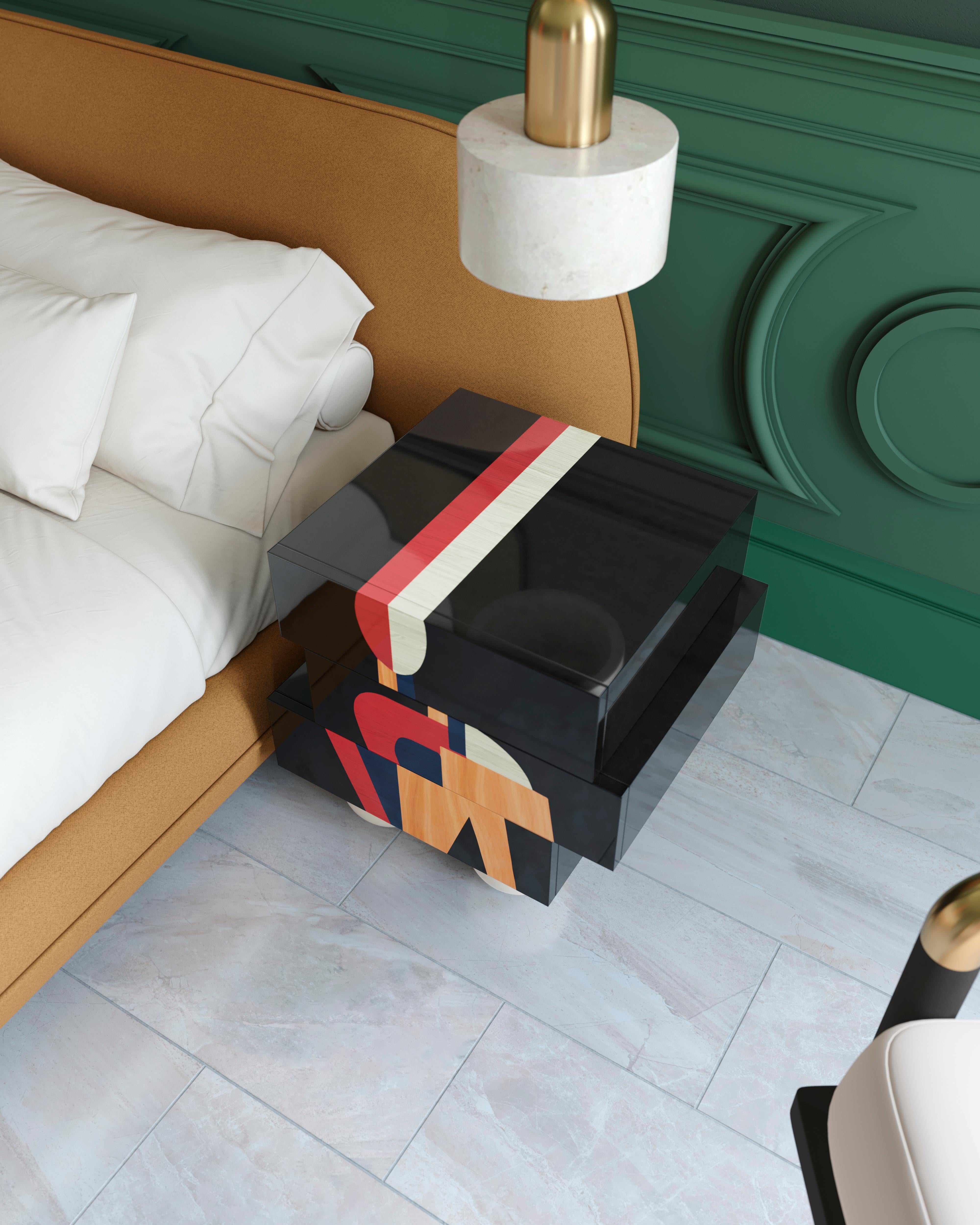 Portuguese Modern Nighstand Bedside Table Geometric Figure Print Black Wood Marquetry For Sale