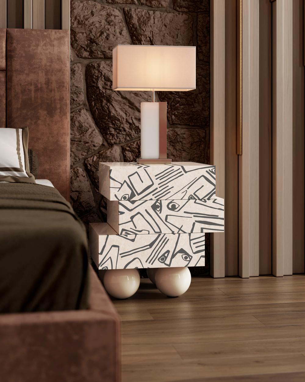 Mesilla de Noche Moderna Minimalista Estampado Cubista Marquetería de Madera Blanca Moderno en venta