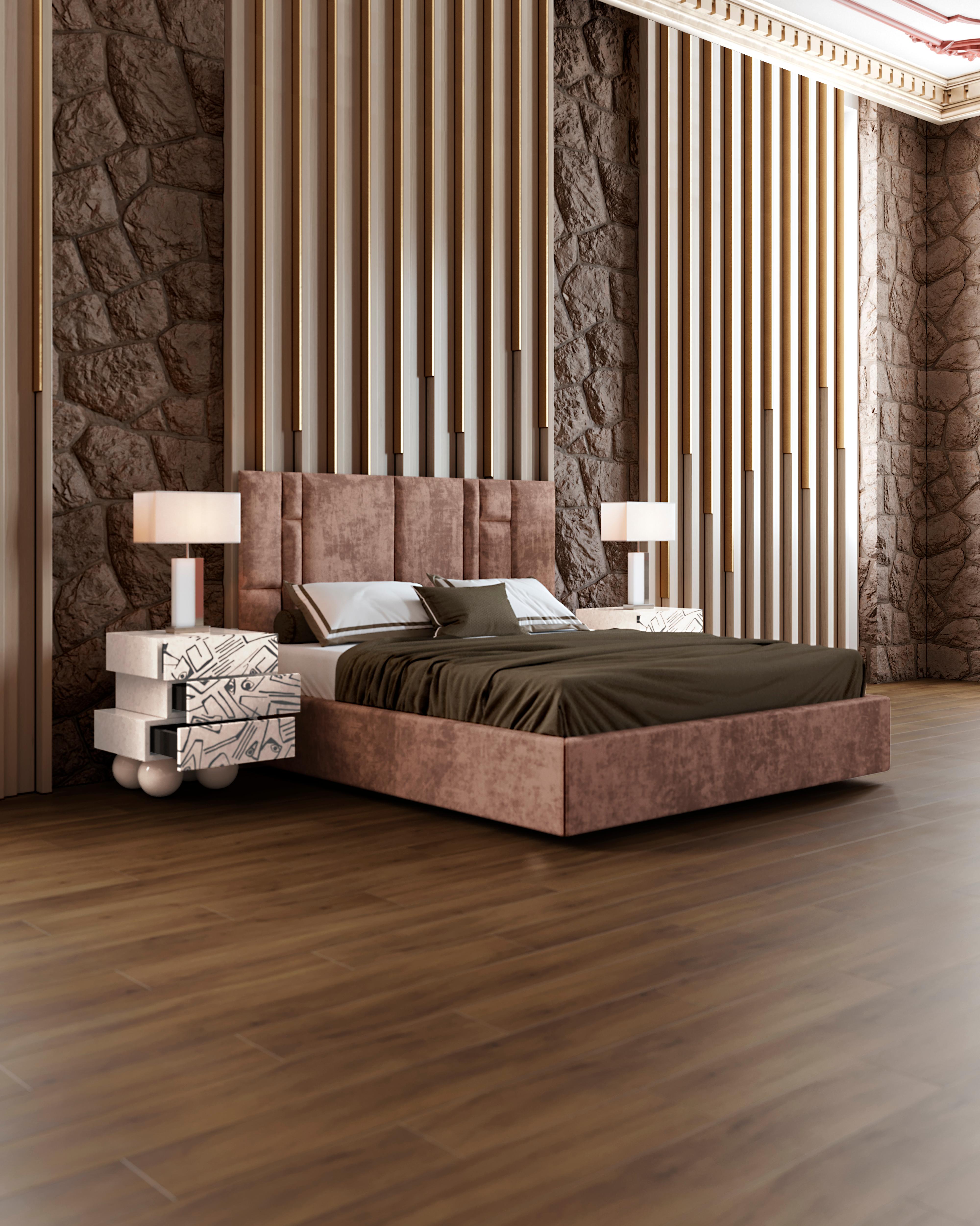 Mesilla de Noche Moderna Minimalista Estampado Cubista Marquetería de Madera Blanca Portugués en venta