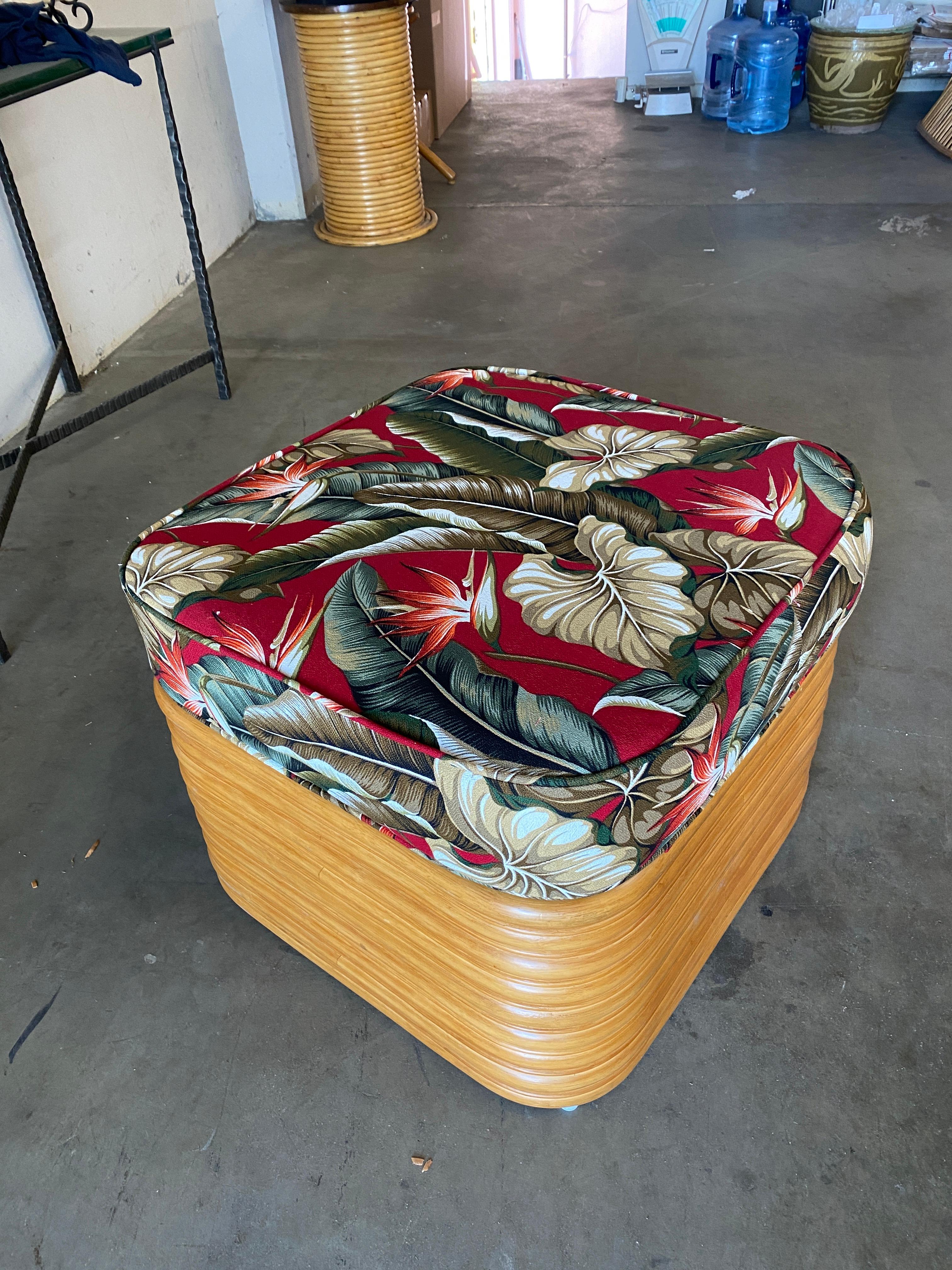 Contemporary Modern Nine-Strand Stacked Rattan Ottoman Stool w/ Barkcloth Cushion For Sale
