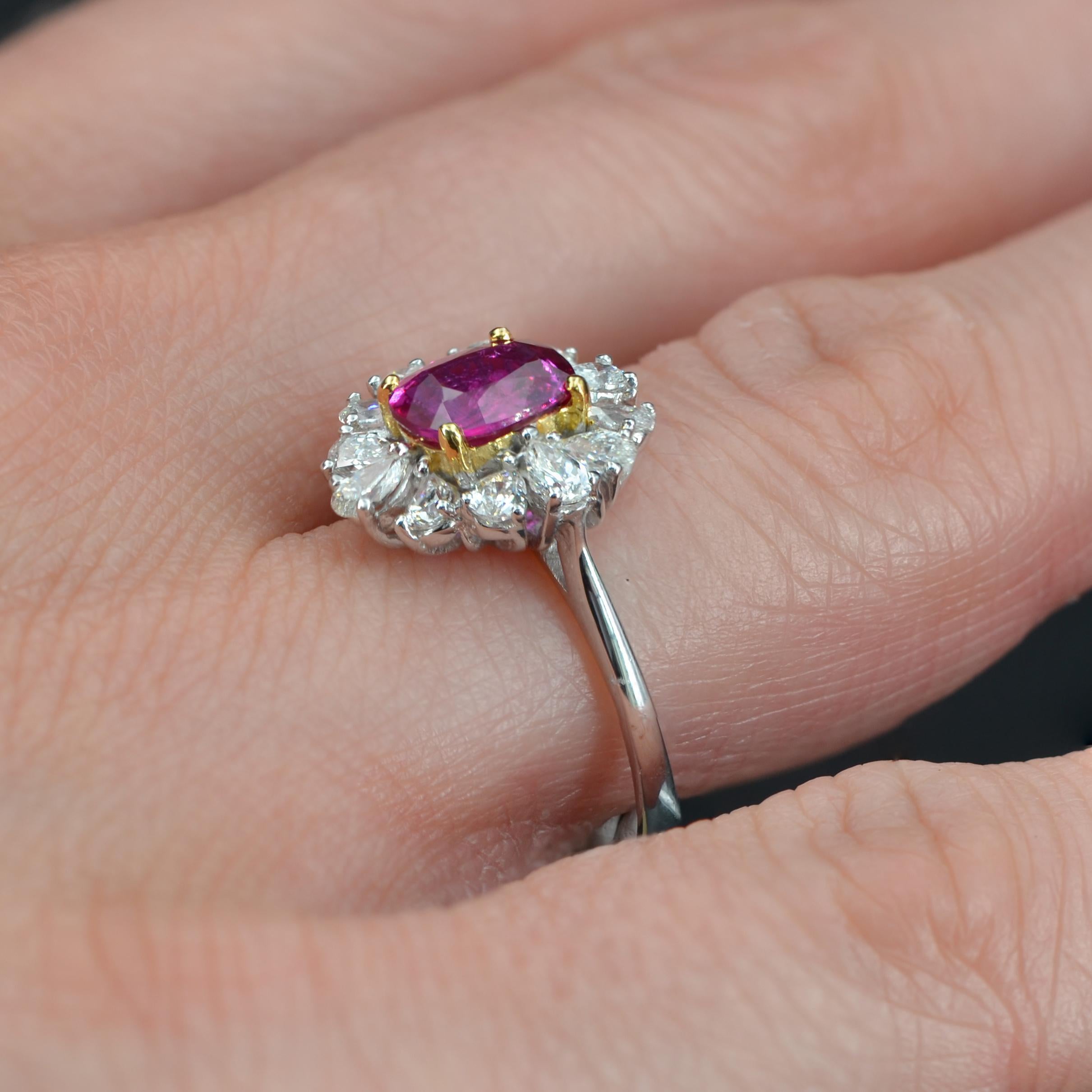Modern No Heat Pink Sapphire Pear-Cut Diamond 18 Karat White Gold Cluster Ring For Sale 5