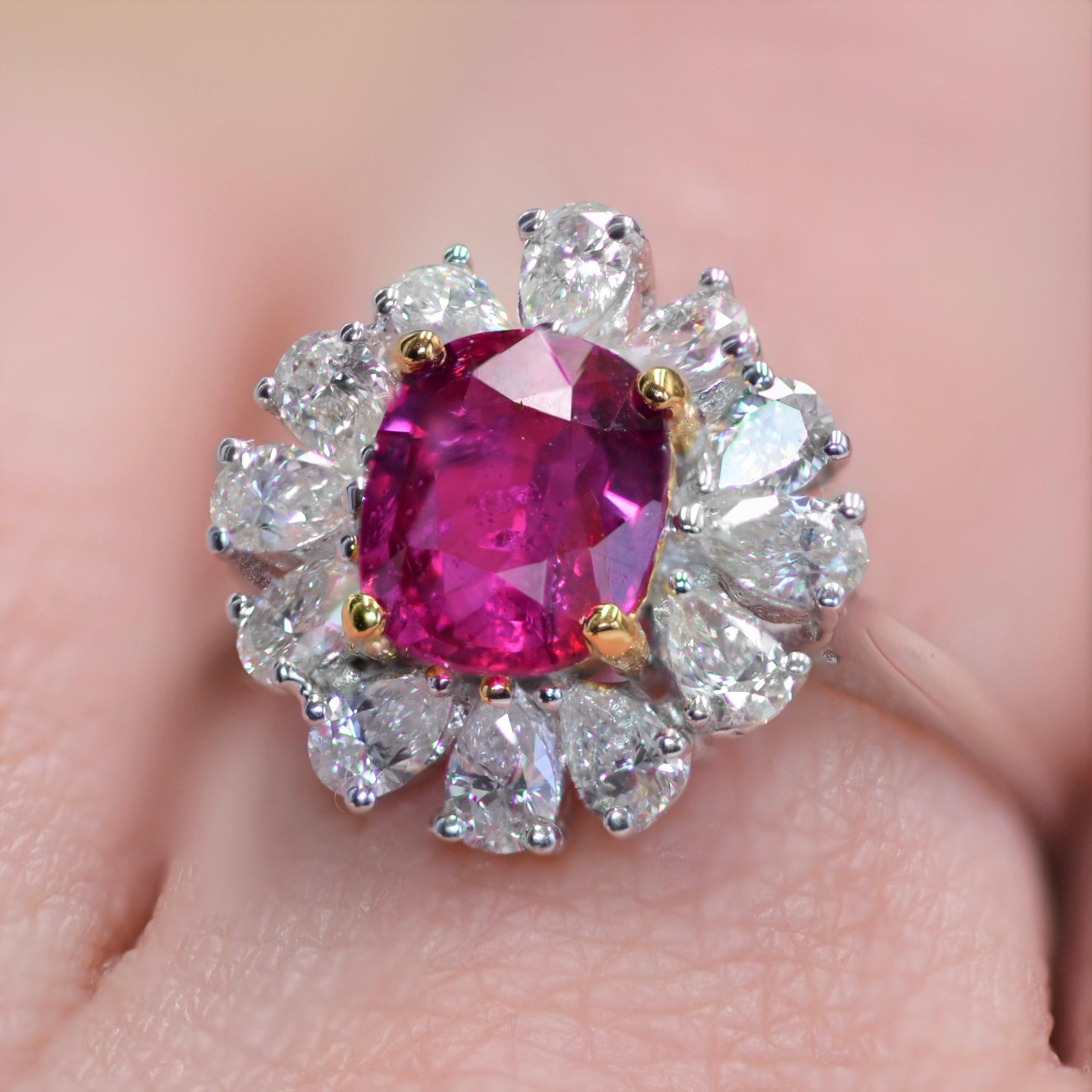 Modern No Heat Pink Sapphire Pear-Cut Diamond 18 Karat White Gold Cluster Ring For Sale 8