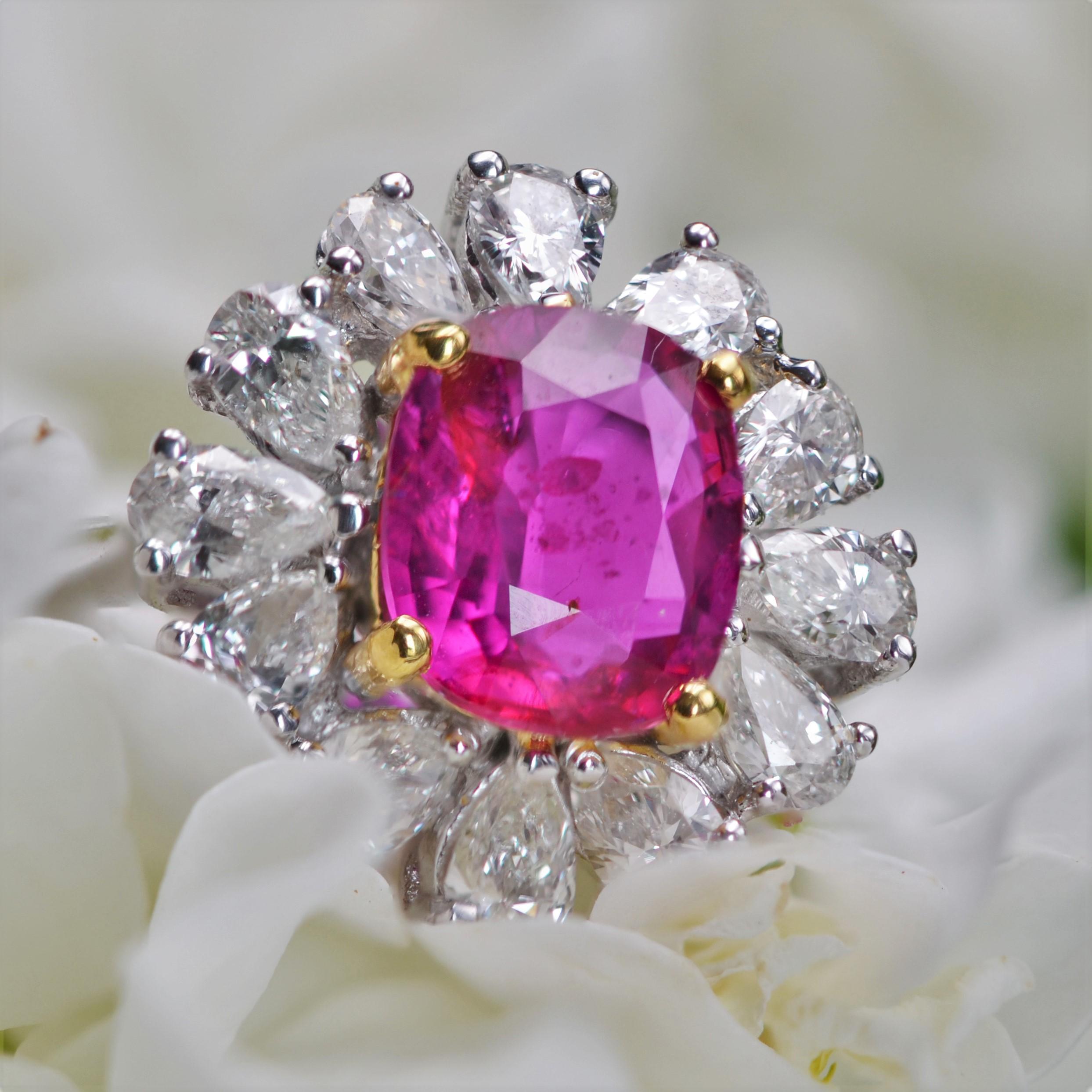 Cushion Cut Modern No Heat Pink Sapphire Pear-Cut Diamond 18 Karat White Gold Cluster Ring For Sale