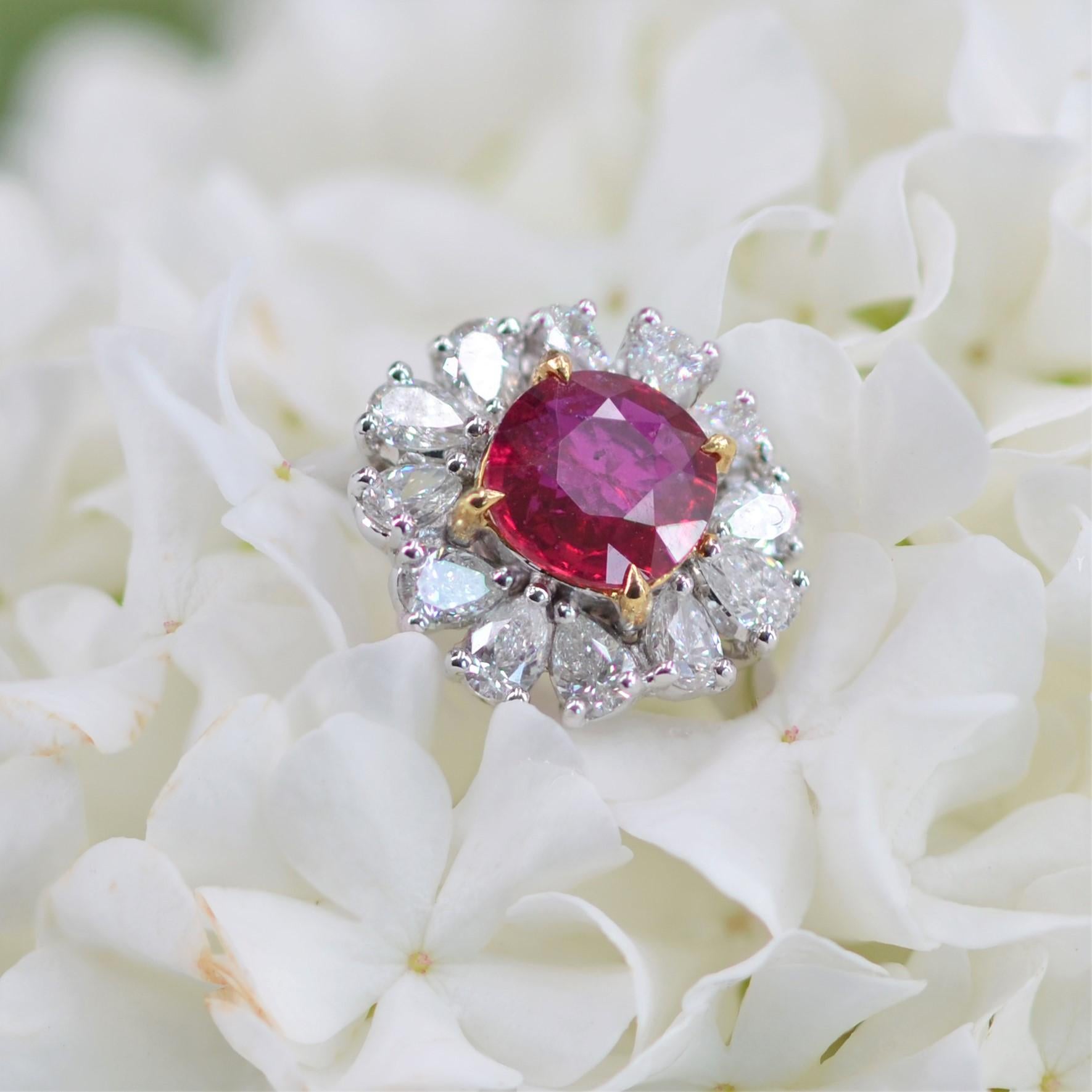 Modern No Heat Ruby Pear-Cut Diamond 18 Karat White Gold Cluster Ring For Sale 6