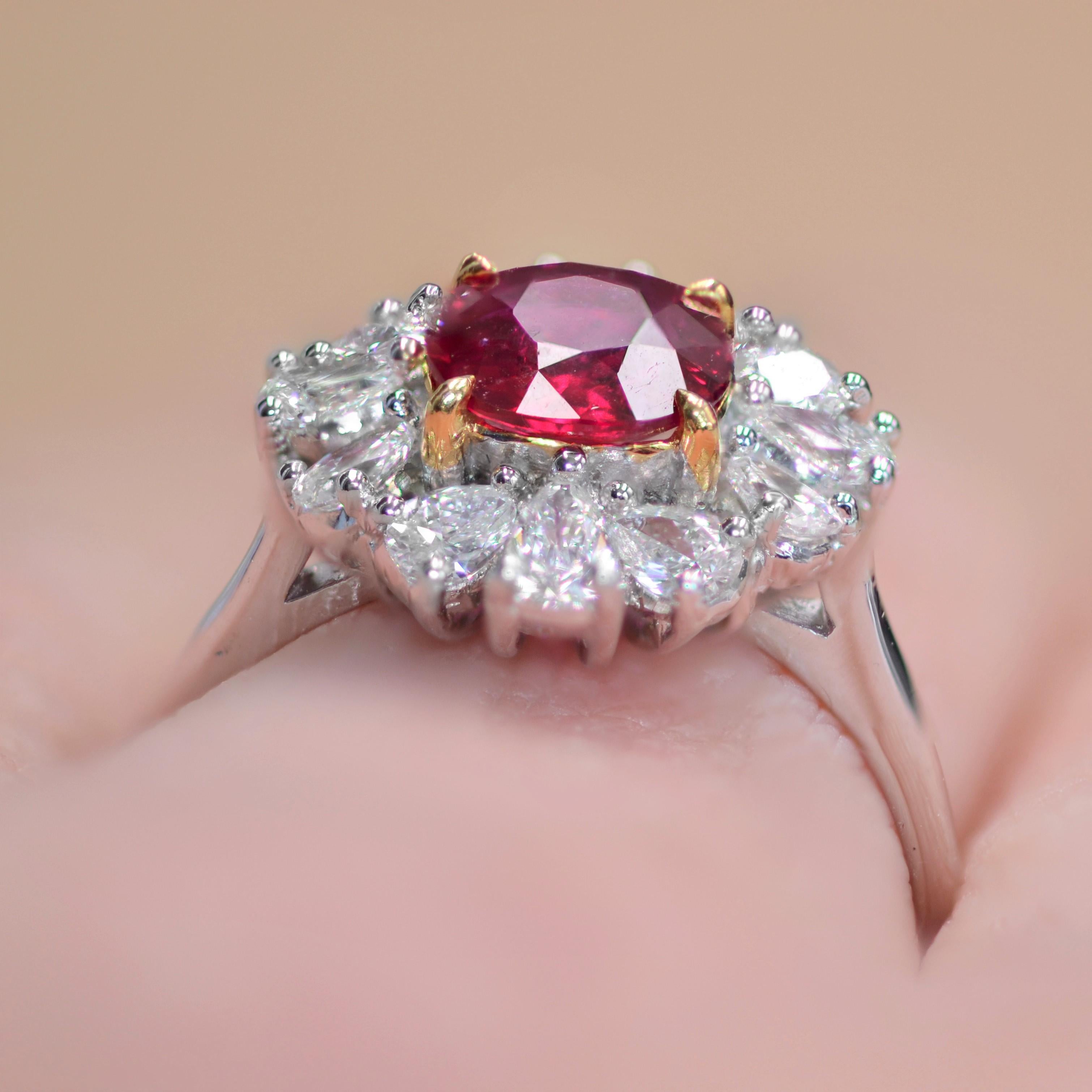 Modern No Heat Ruby Pear-Cut Diamond 18 Karat White Gold Cluster Ring For Sale 8