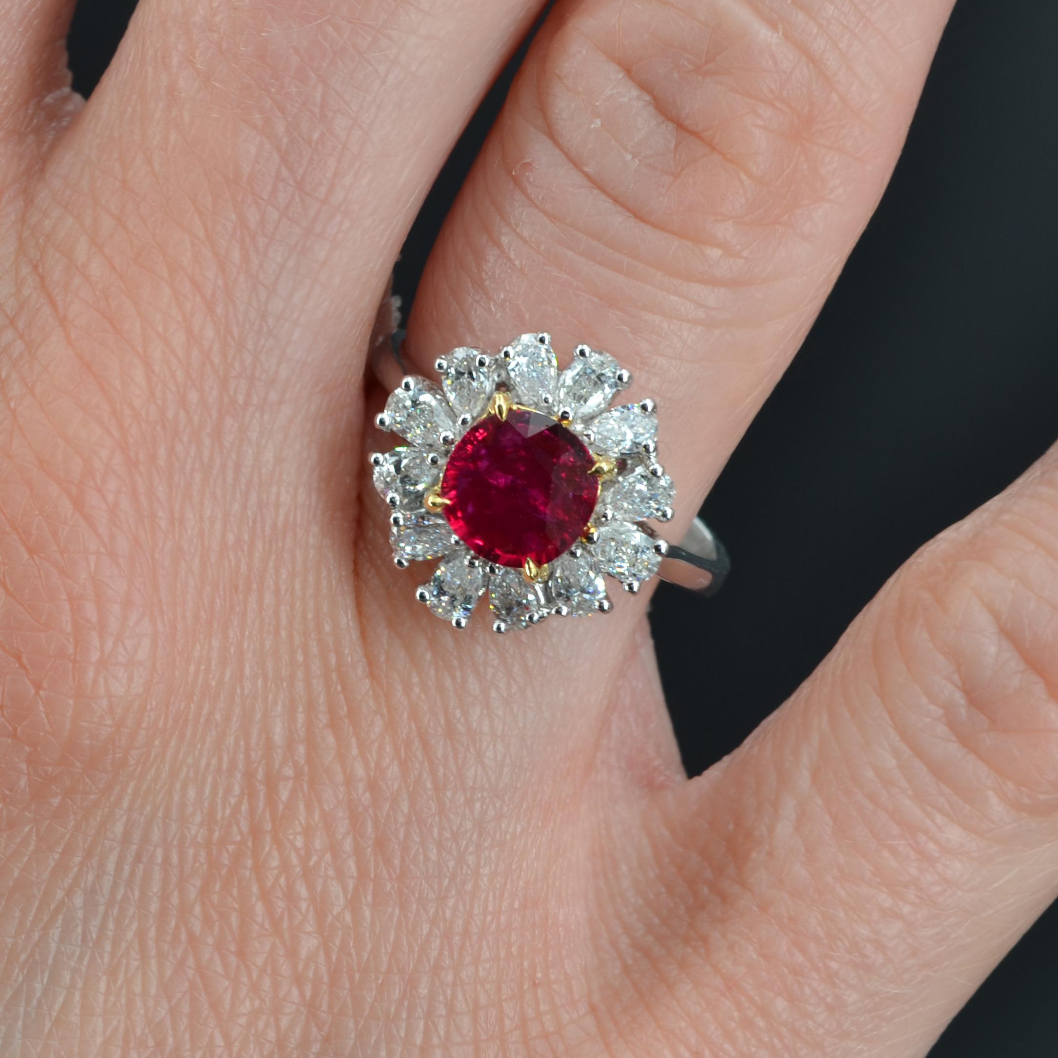 Women's Modern No Heat Ruby Pear-Cut Diamond 18 Karat White Gold Cluster Ring For Sale