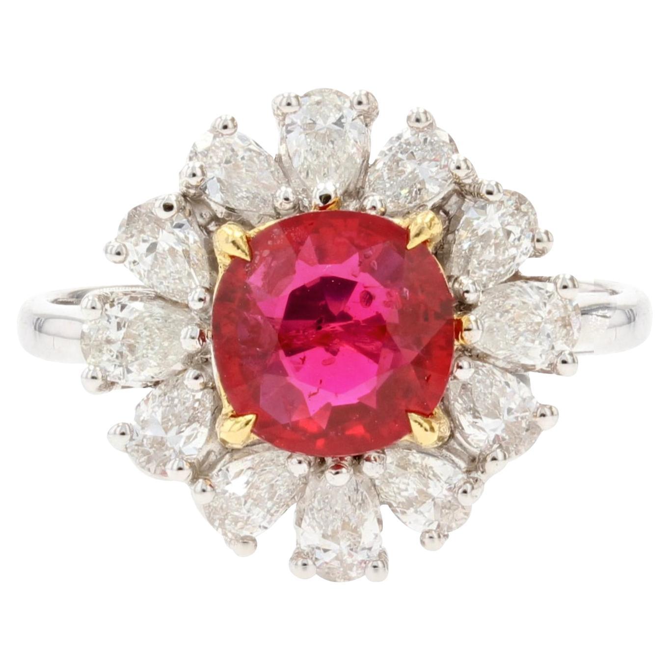 Modern No Heat Ruby Pear-Cut Diamond 18 Karat White Gold Cluster Ring For Sale