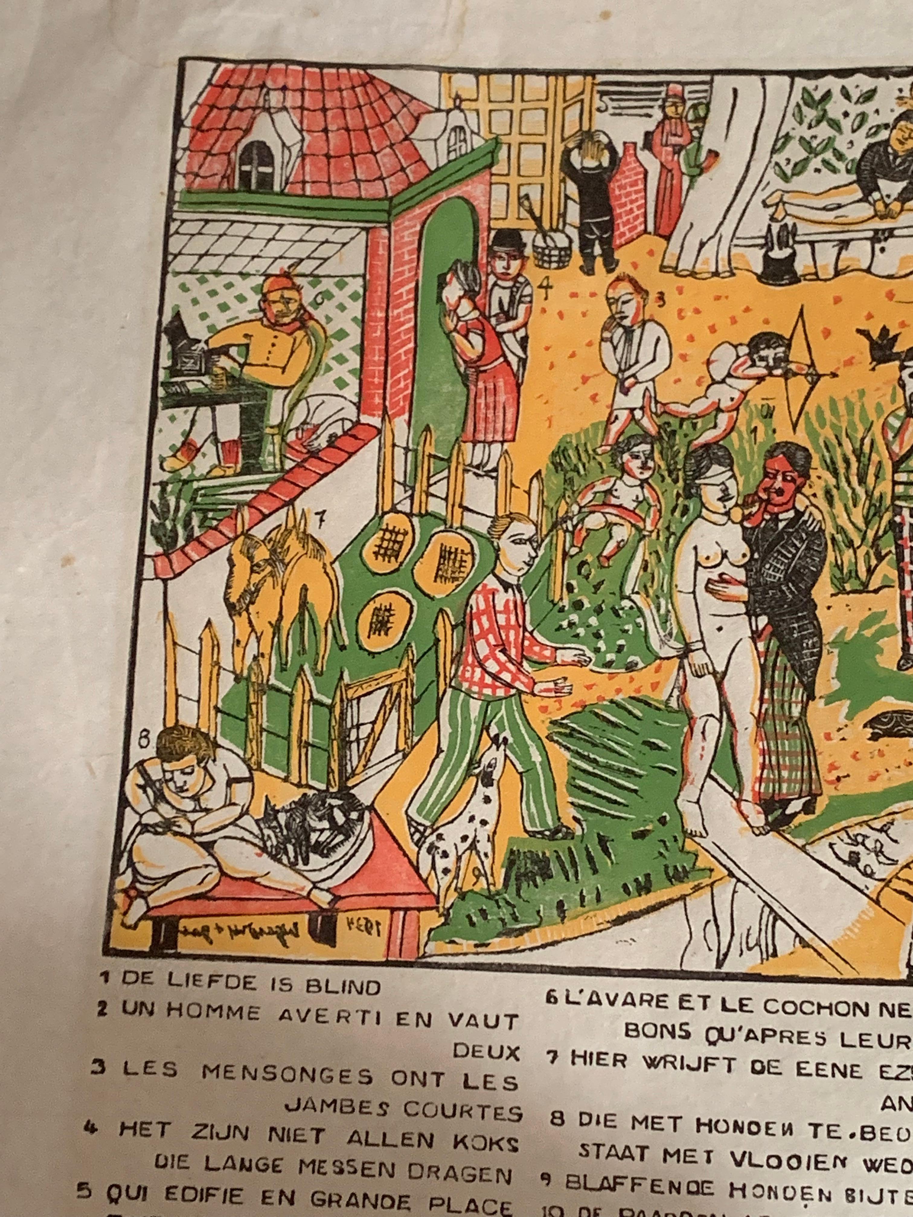 Modern Northern European Woodcut Print Flemish Proverbs ‘1934’ by Edgard Tytgat In Fair Condition For Sale In Brooklyn, NY
