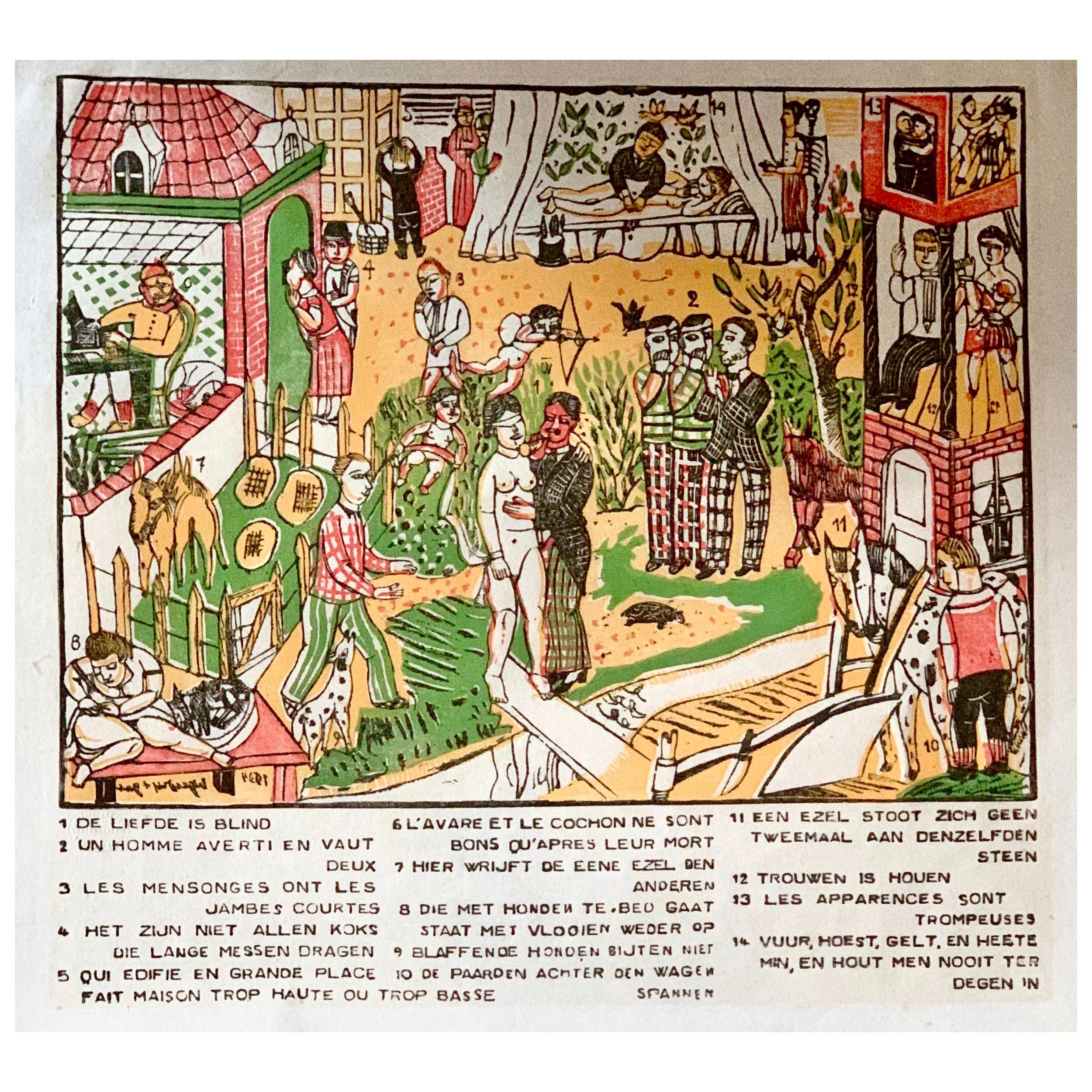 Impression moderne d'une gravure sur bois d'Europe du Nord - Problèmes flamands '1934' par Edgard Tytgat en vente