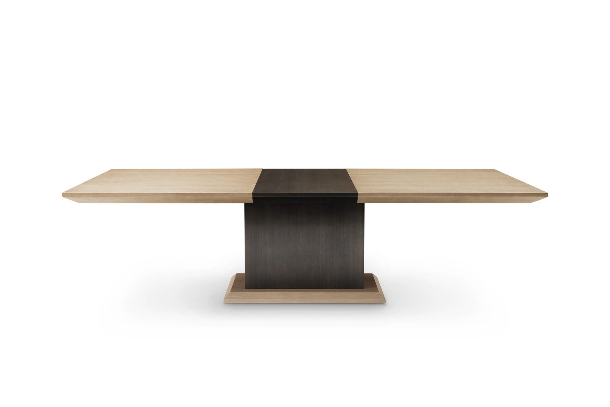 Chinese Modern Oak and Bronze Extension Dining Table designed by Greg Sheres in Stock. For Sale